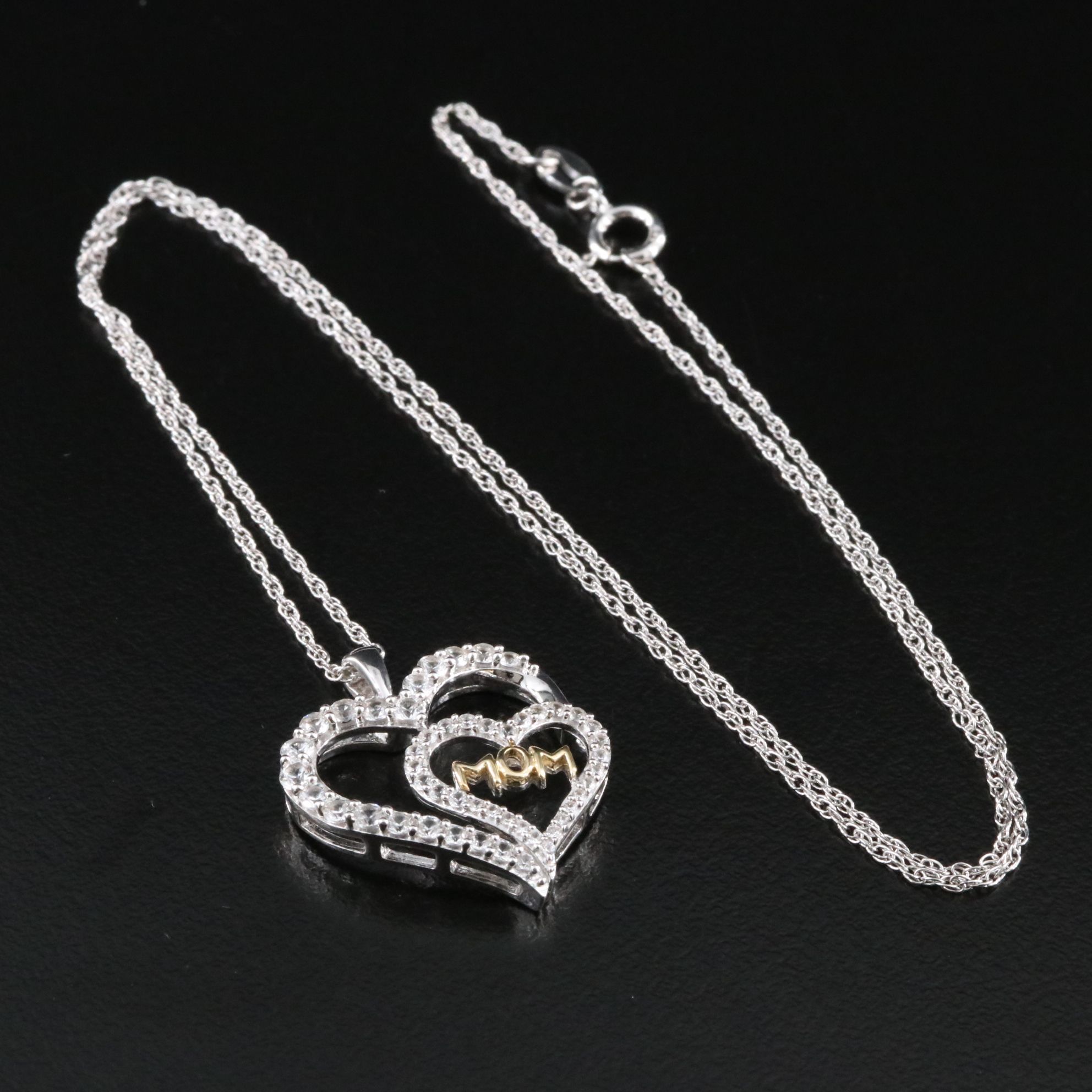 Sterling White Sapphire MOM Heart Pendant Necklace with 10K Accent