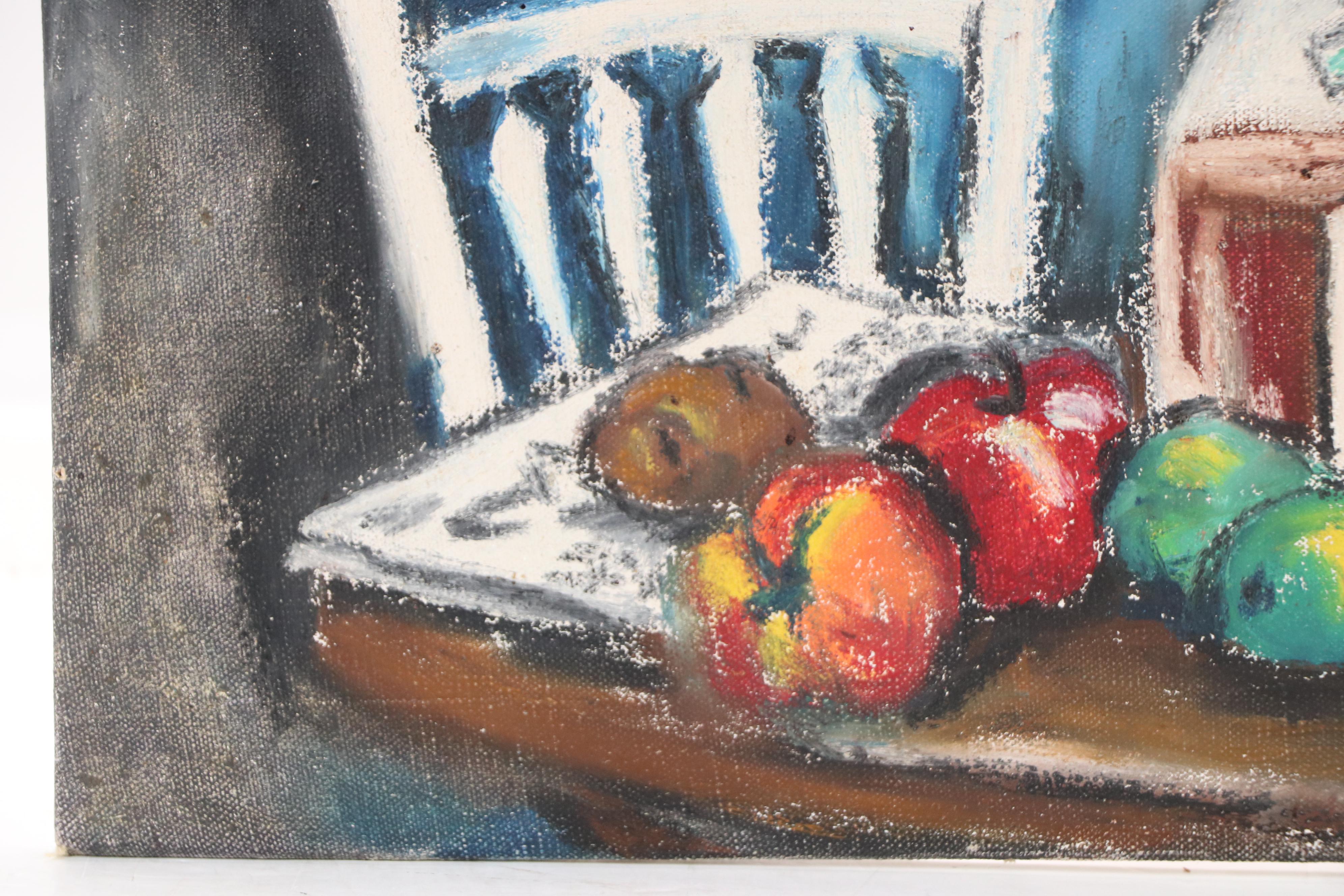 Oil Pastel on Canvas Board Still Life with Food and Chairs