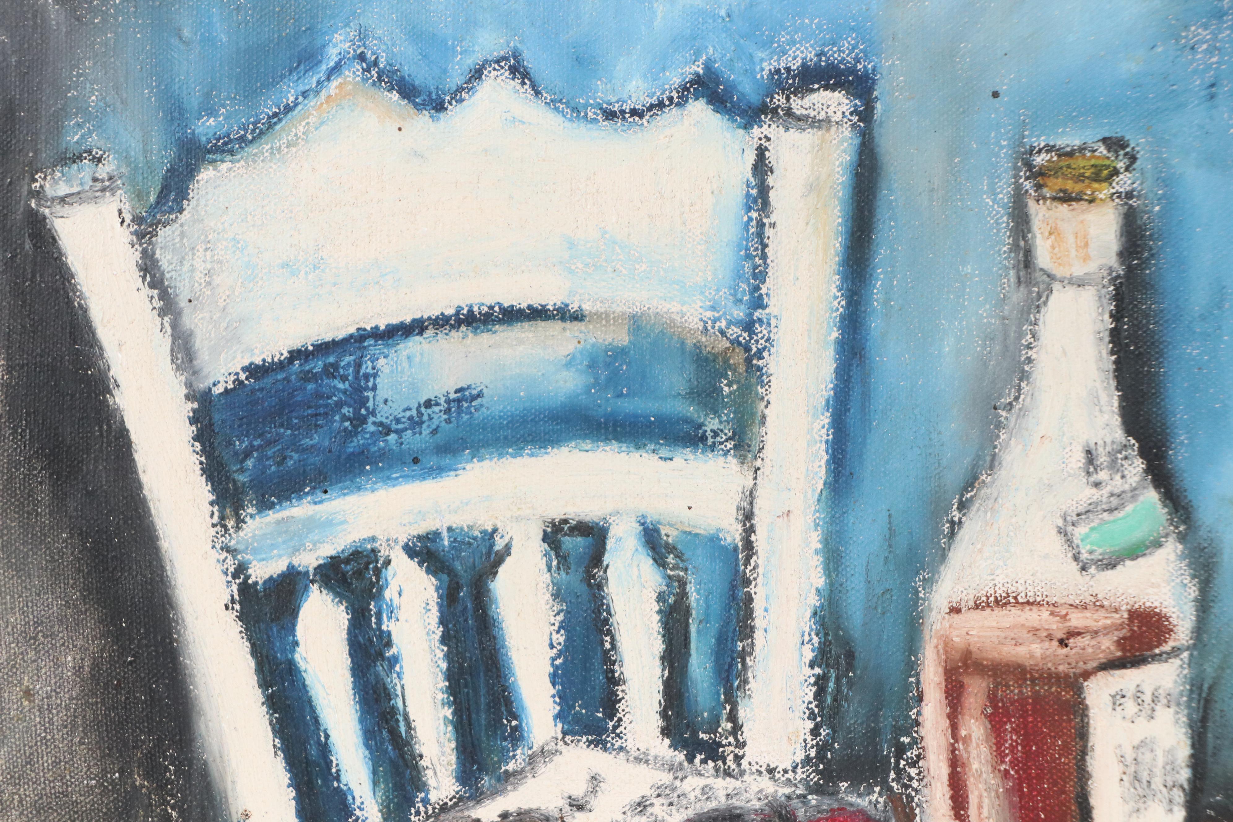 Oil Pastel on Canvas Board Still Life with Food and Chairs