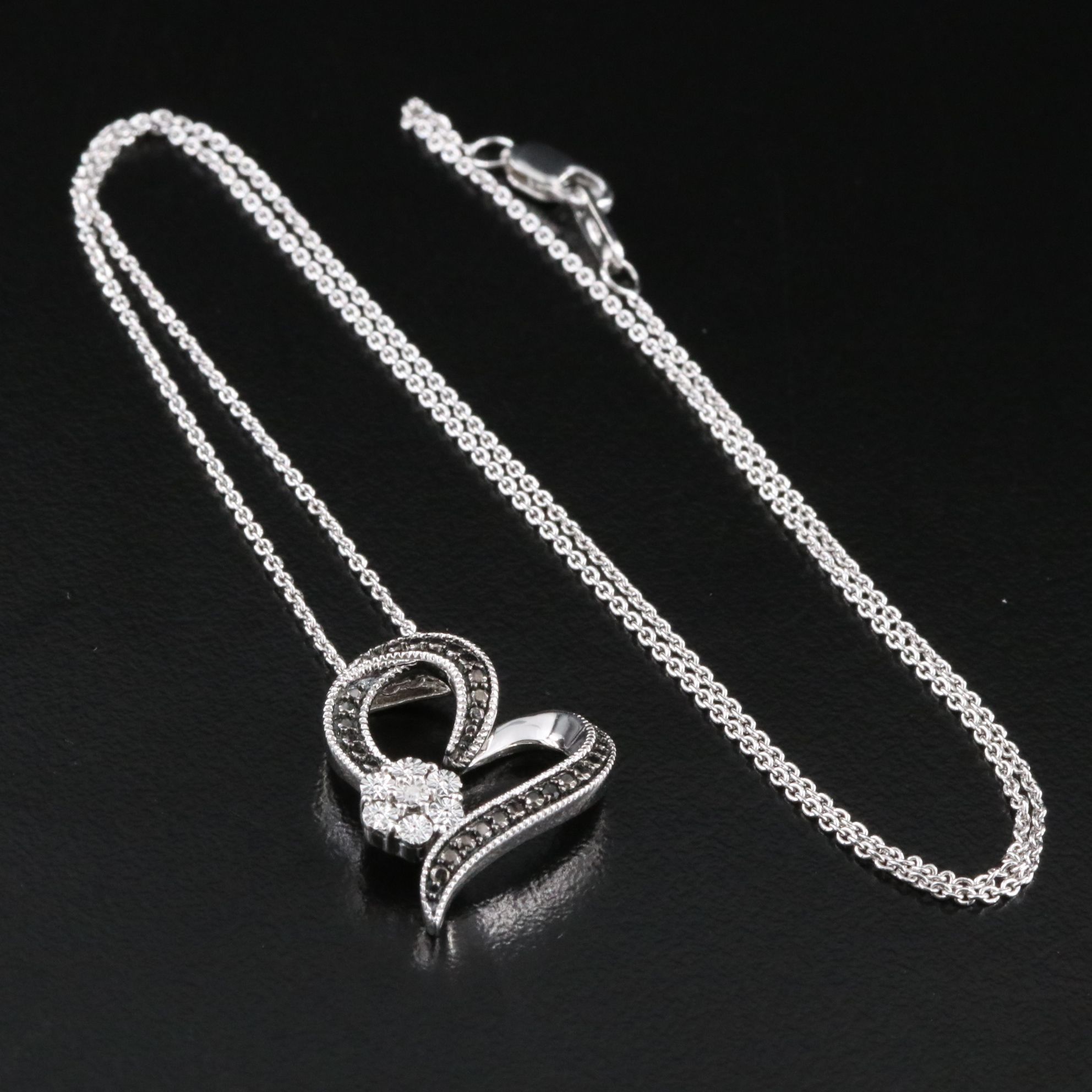 Sterling Diamond Heart Pendant Necklace Including Fancy Black Diamonds
