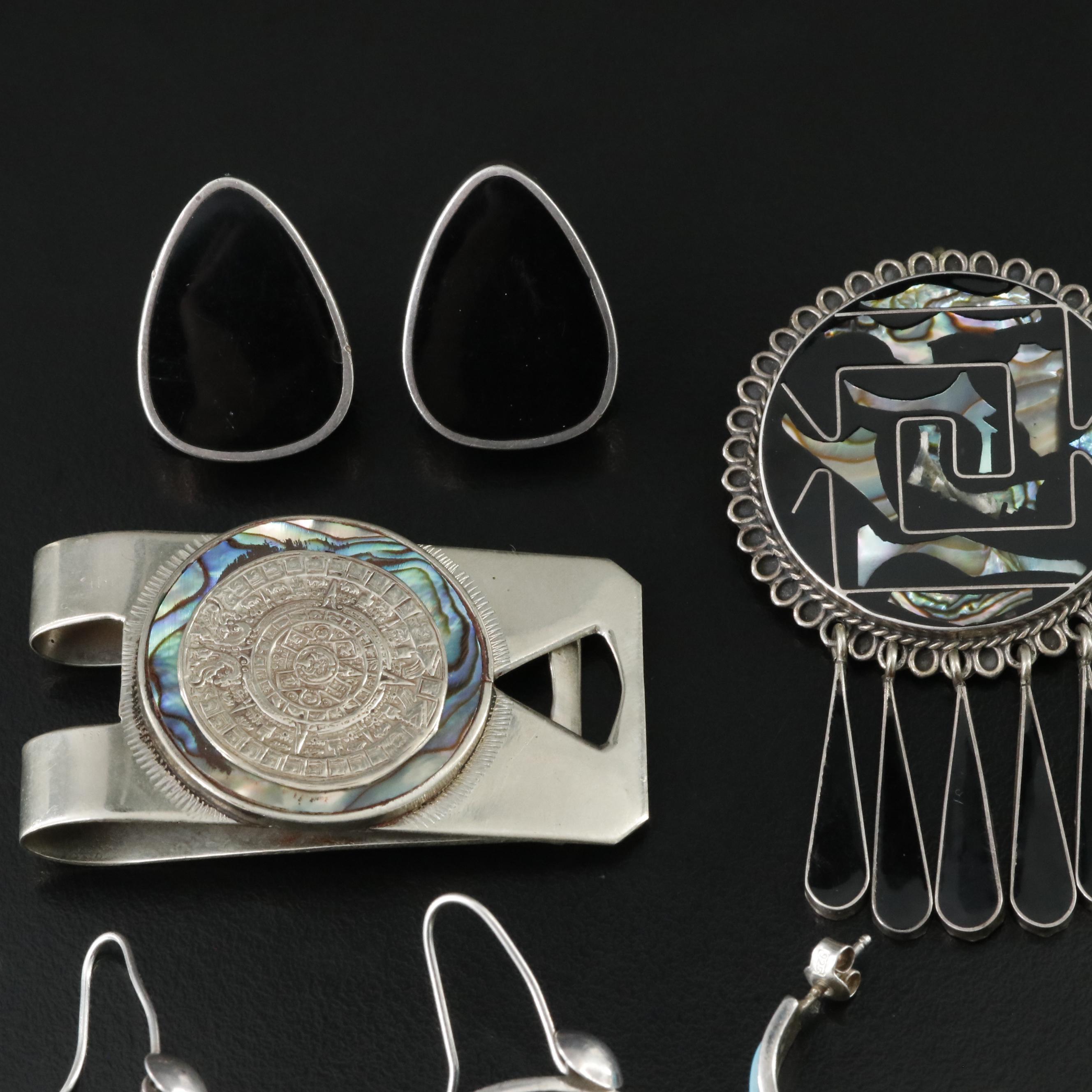 Mexican Sterling Gemstone Collection Including Abalone and Turquoise