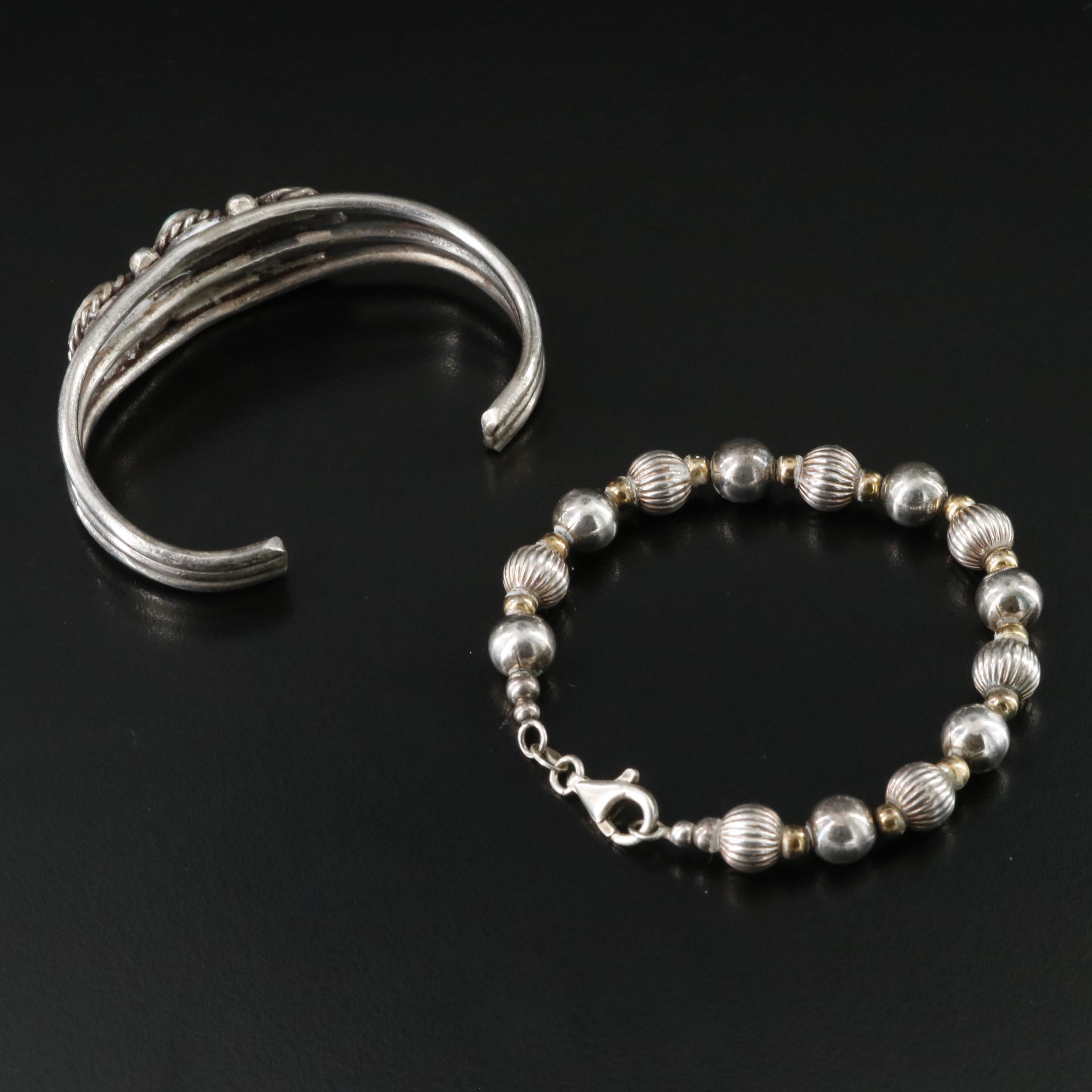 Sterling Bracelet and Necklaces Including Turquoise, Nephrite and Shell