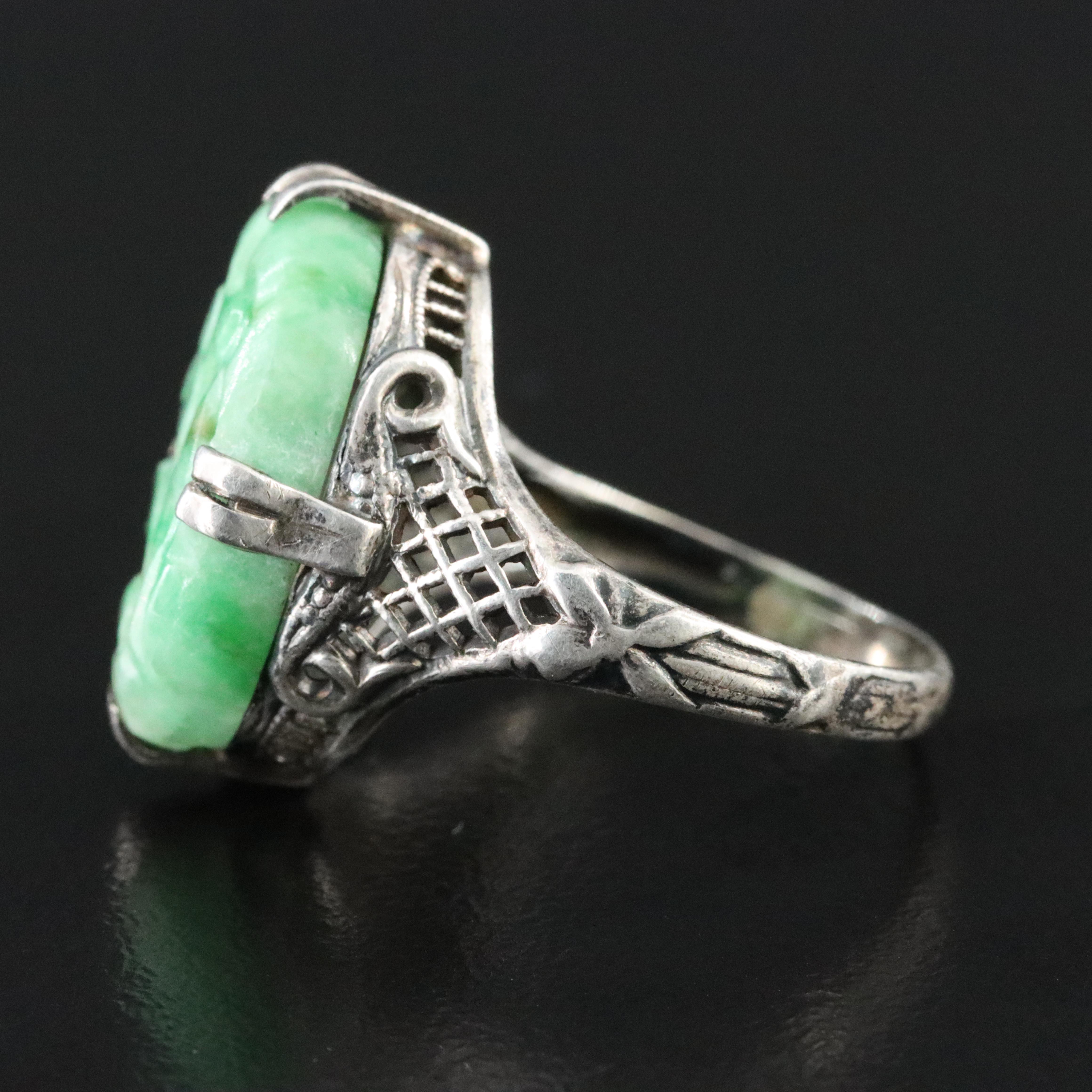 Art Deco Sterling Carved Jadeite Ring with Vintage Box