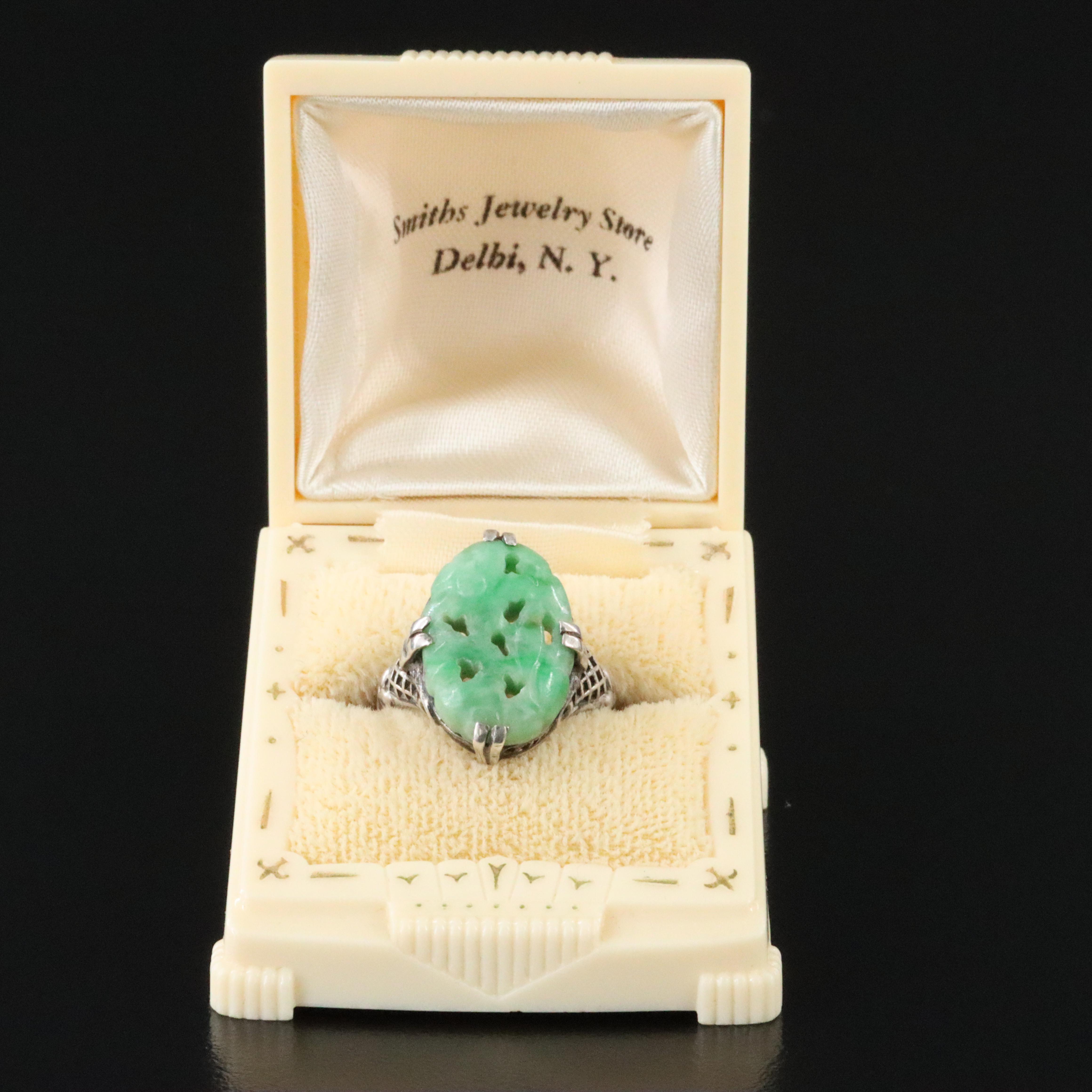 Art Deco Sterling Carved Jadeite Ring with Vintage Box