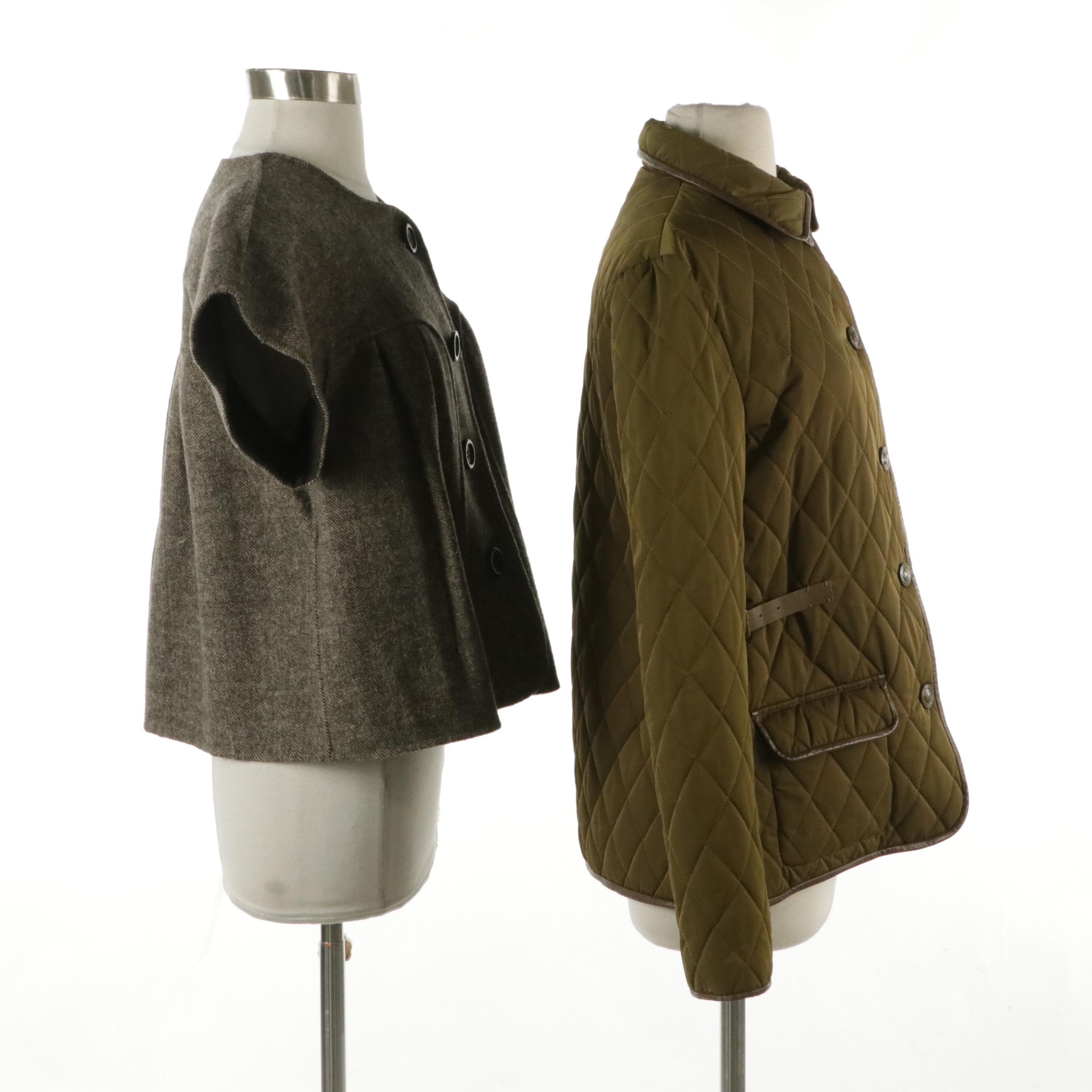 Max Studio Olive Green Quilted Nylon Jacket, Herringbone Wool Short-Sleeve Coat