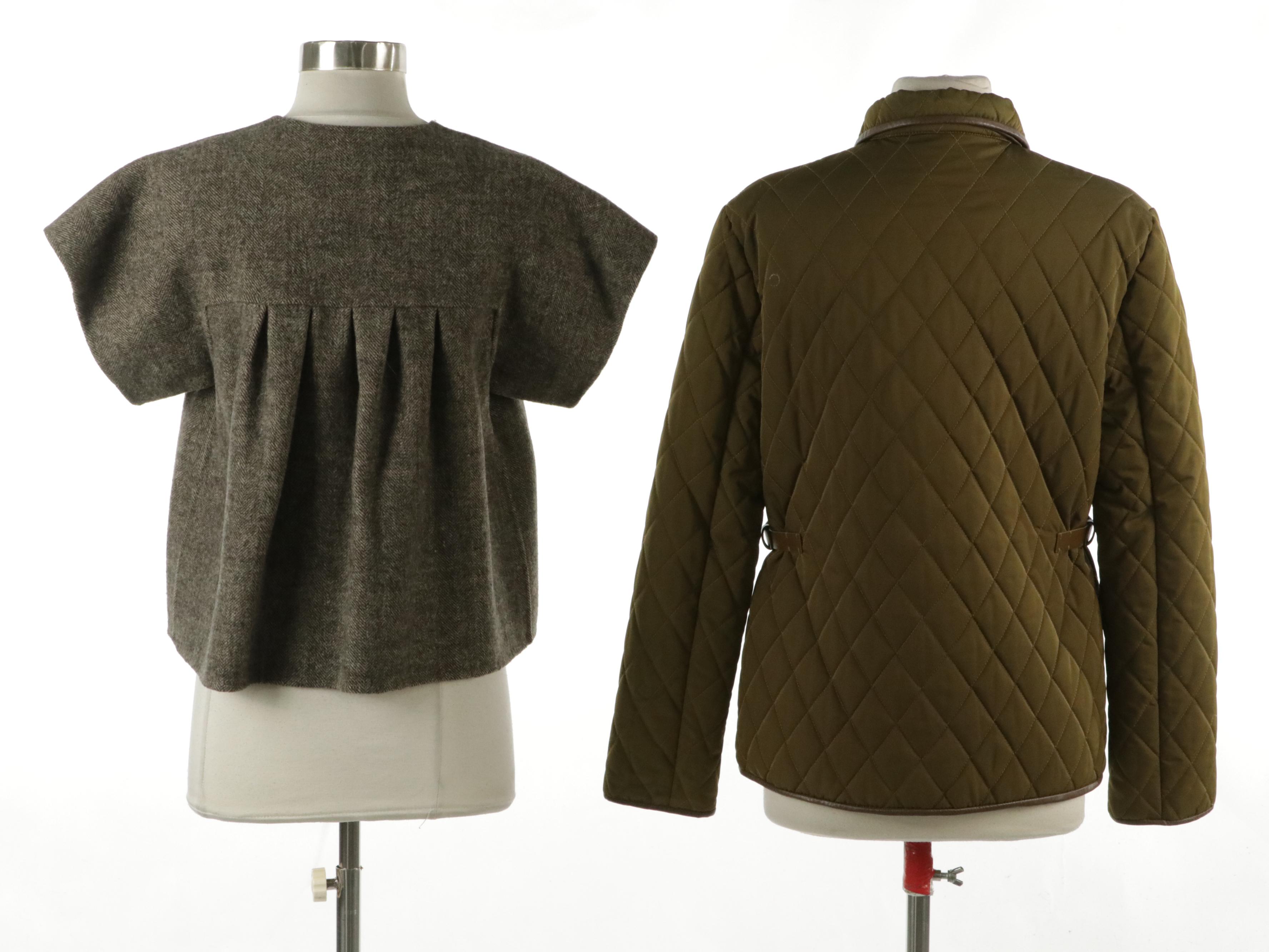 Max Studio Olive Green Quilted Nylon Jacket, Herringbone Wool Short-Sleeve Coat