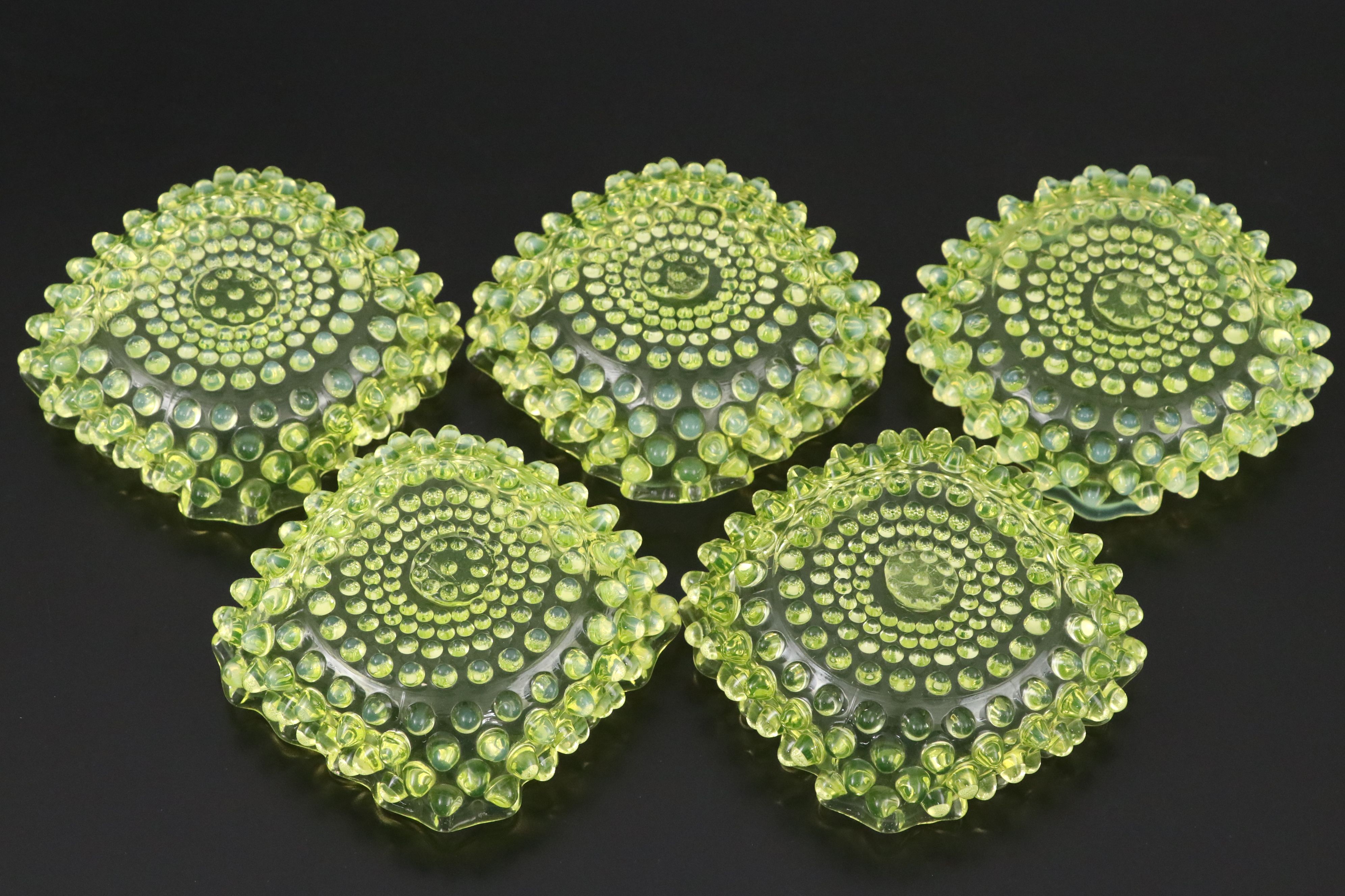 Hobnail Vaseline Opalescent Glass Ashtrays and Bowls