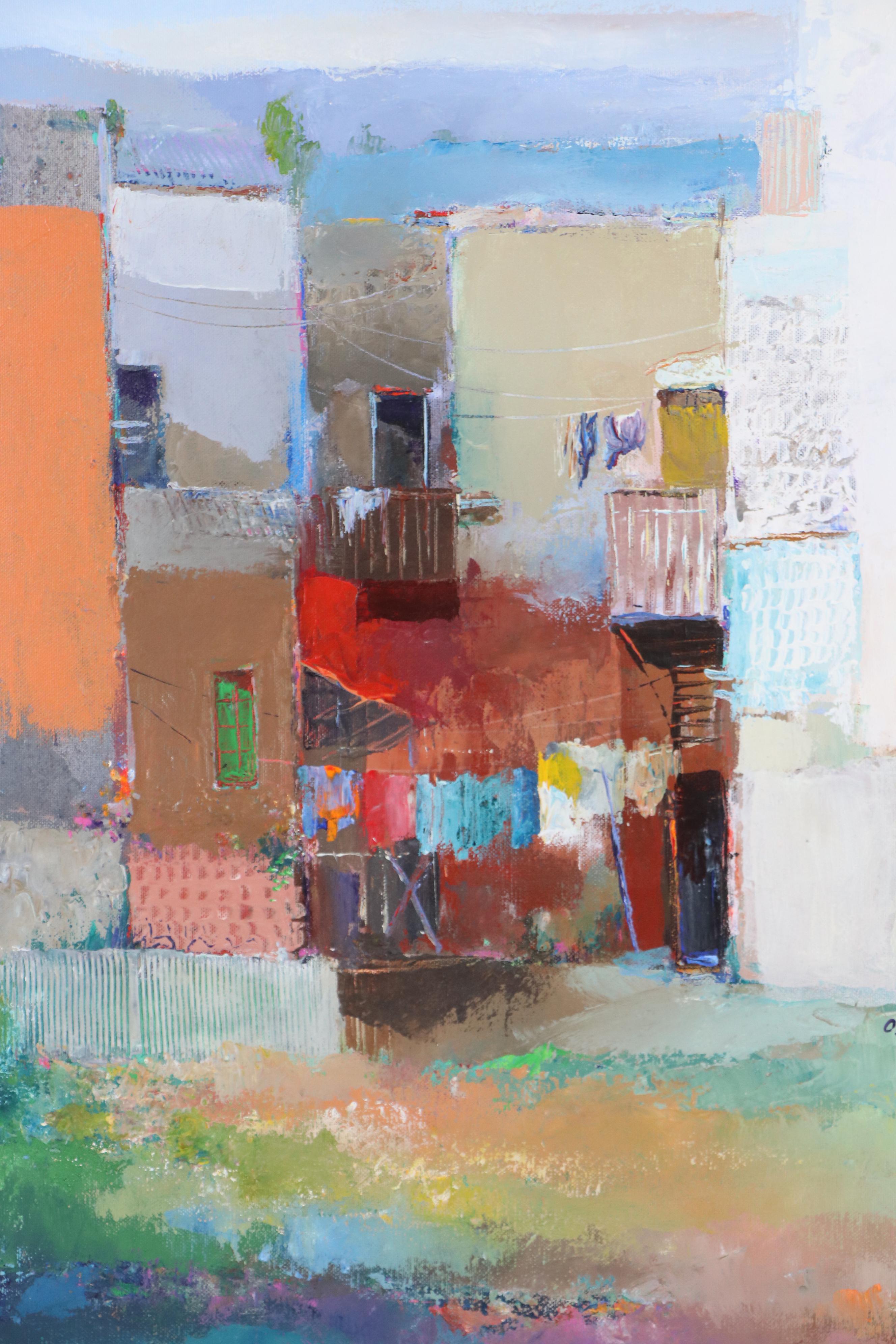 Oswaldo Ventura Stylized Cityscape Acrylic Painting, 2002