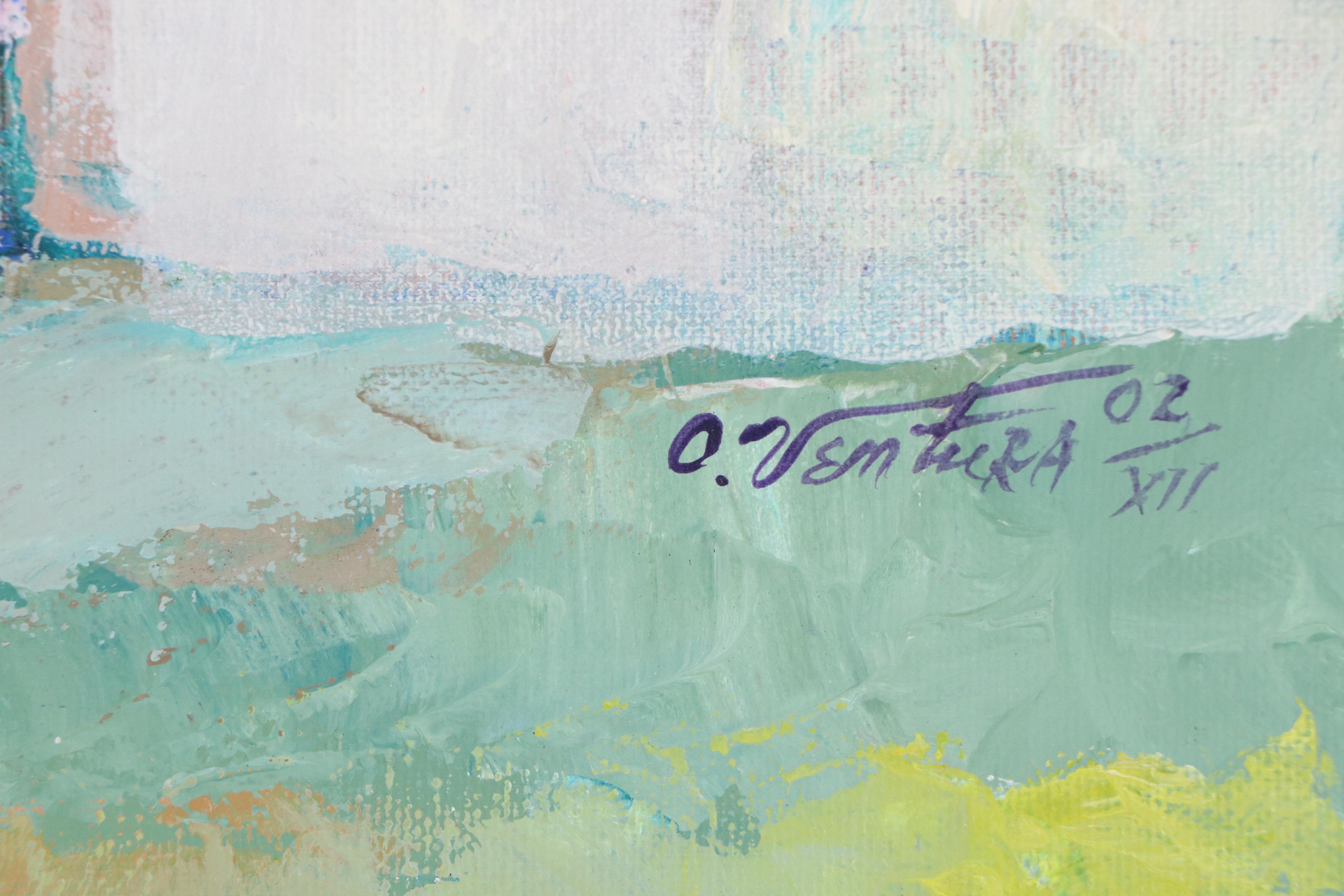 Oswaldo Ventura Stylized Cityscape Acrylic Painting, 2002