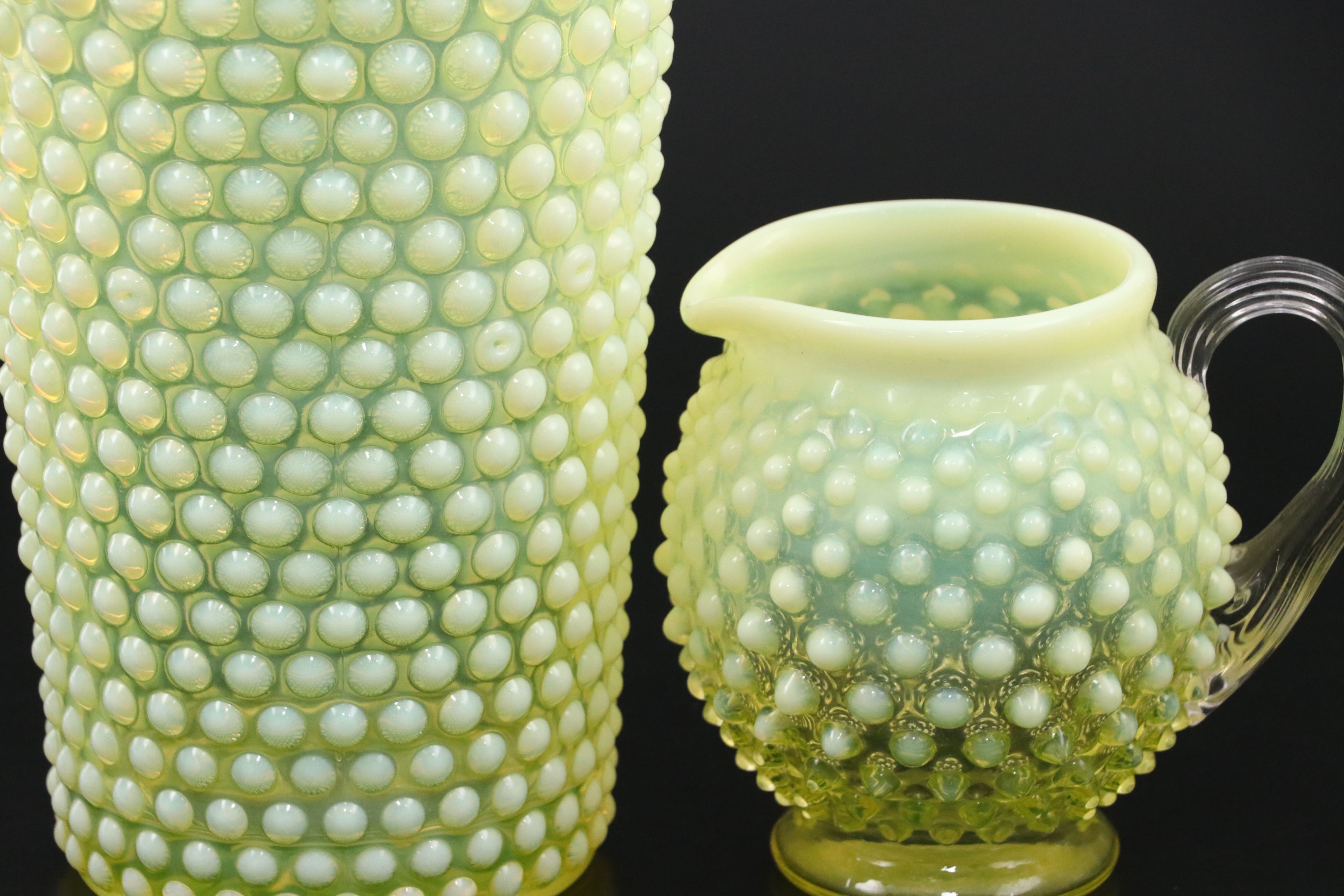 Imperial Hobnail Vaseline Opalescent Glass Vase with Juice Glasses and More