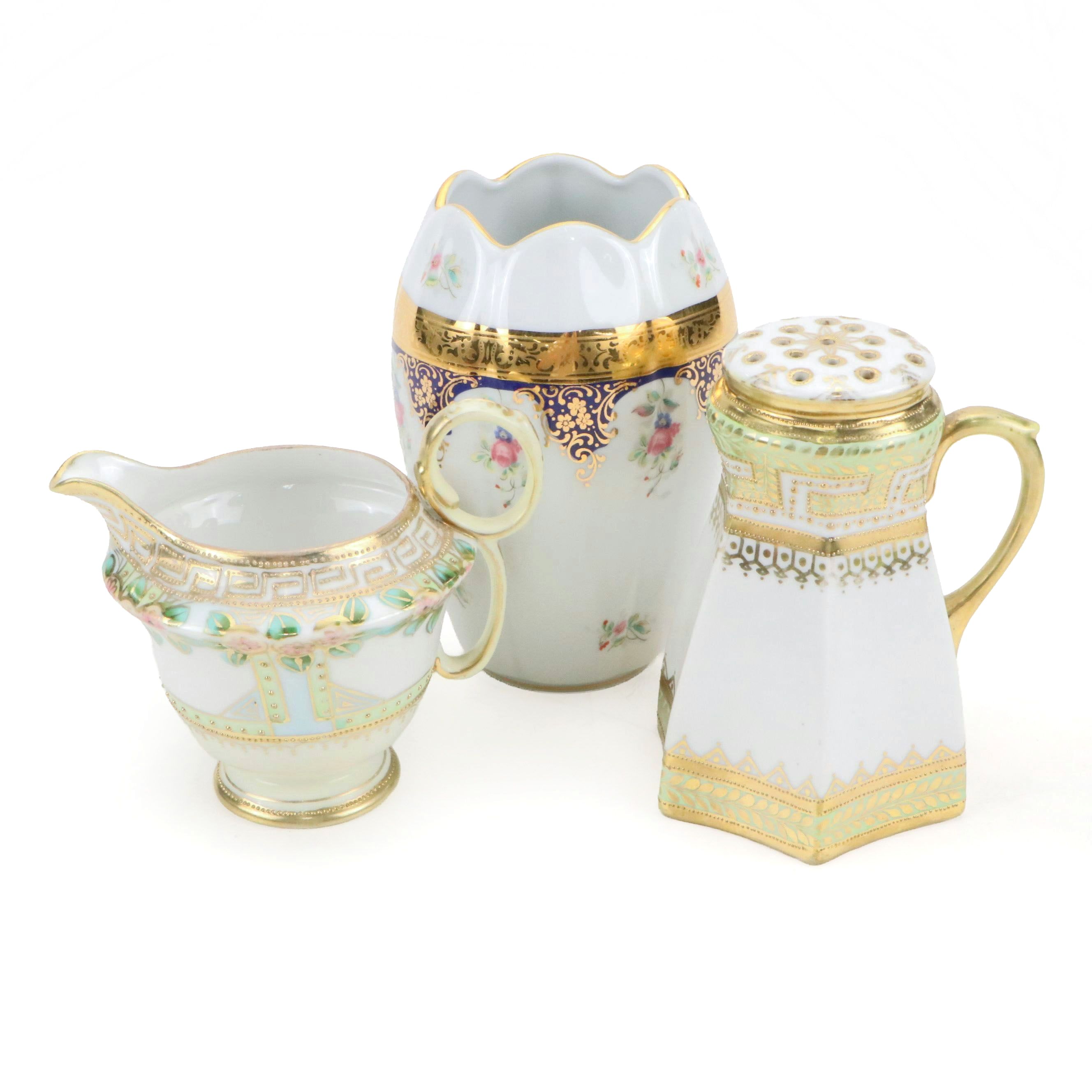 Japanese Porcelain Shaker and Creamer with Limoges Porcelain Vase