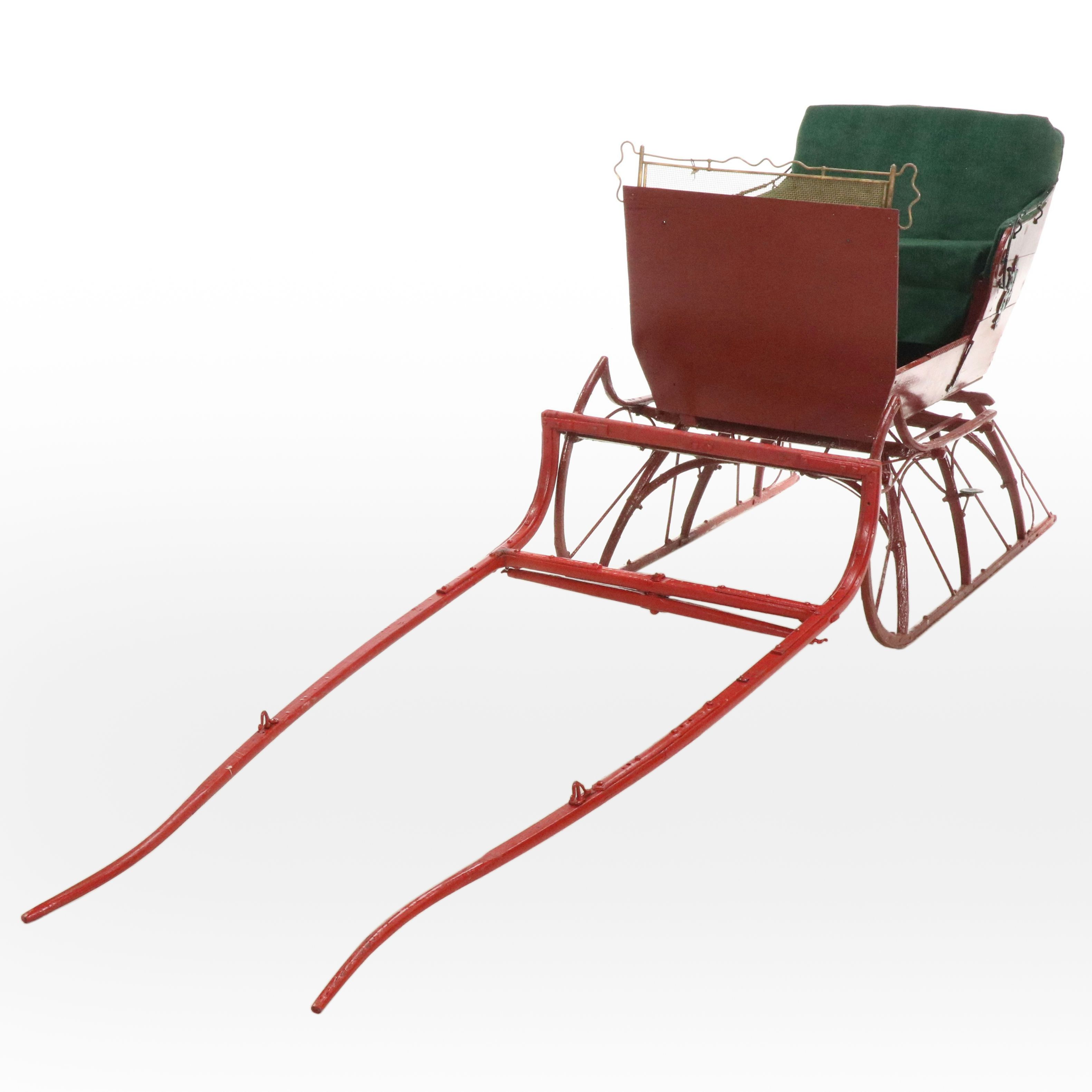 Red-Painted Wooden Horse Sleigh with Green Corduroy Upholstered Seat