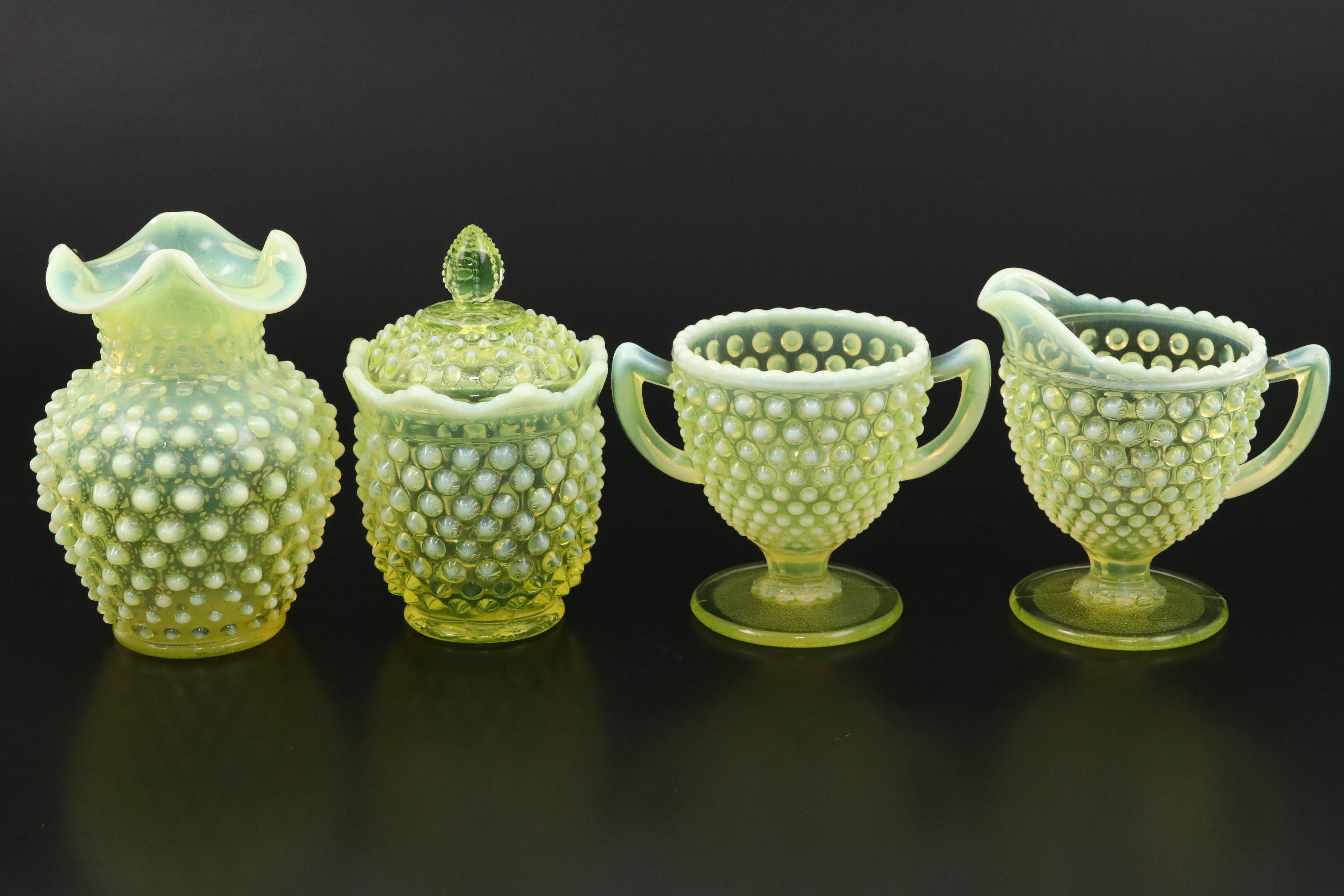 Imperial and Fenton Hobnail Vaseline Opalescent Glass Dishes and More Tableware