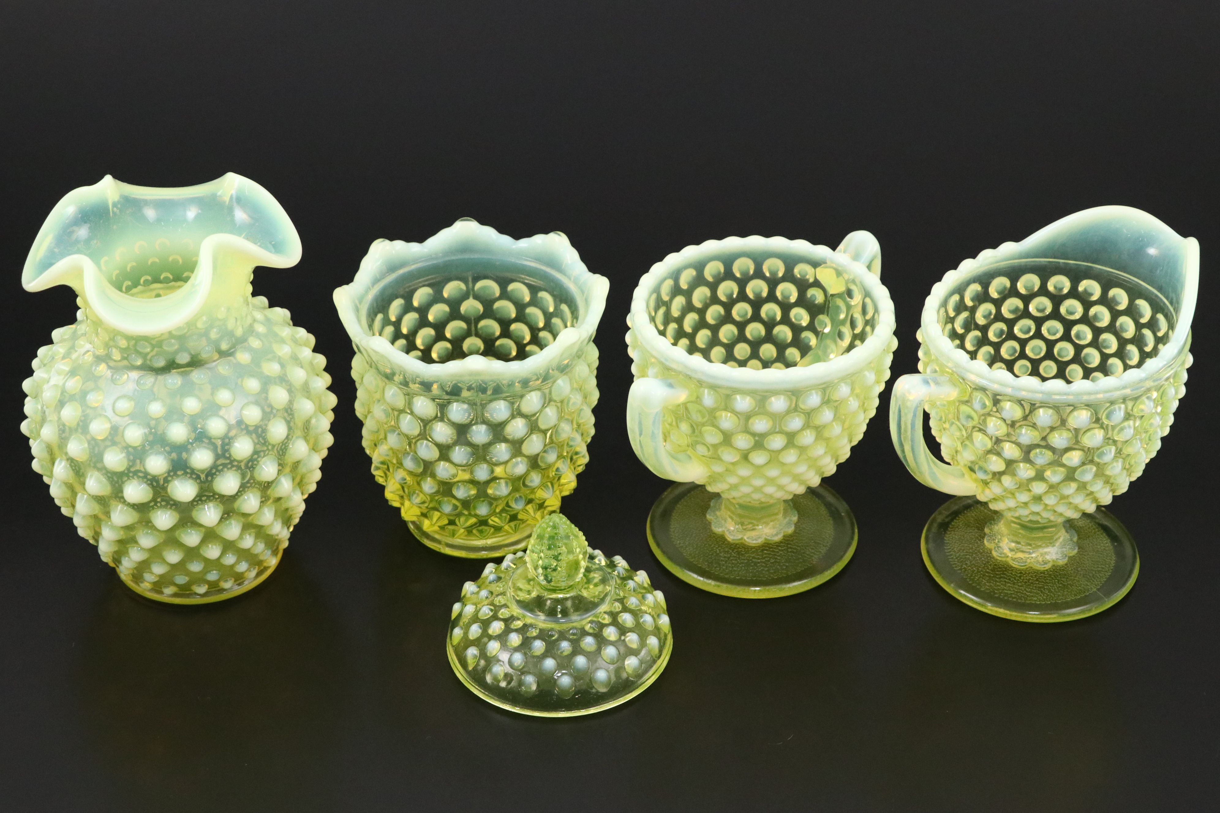 Imperial and Fenton Hobnail Vaseline Opalescent Glass Dishes and More Tableware
