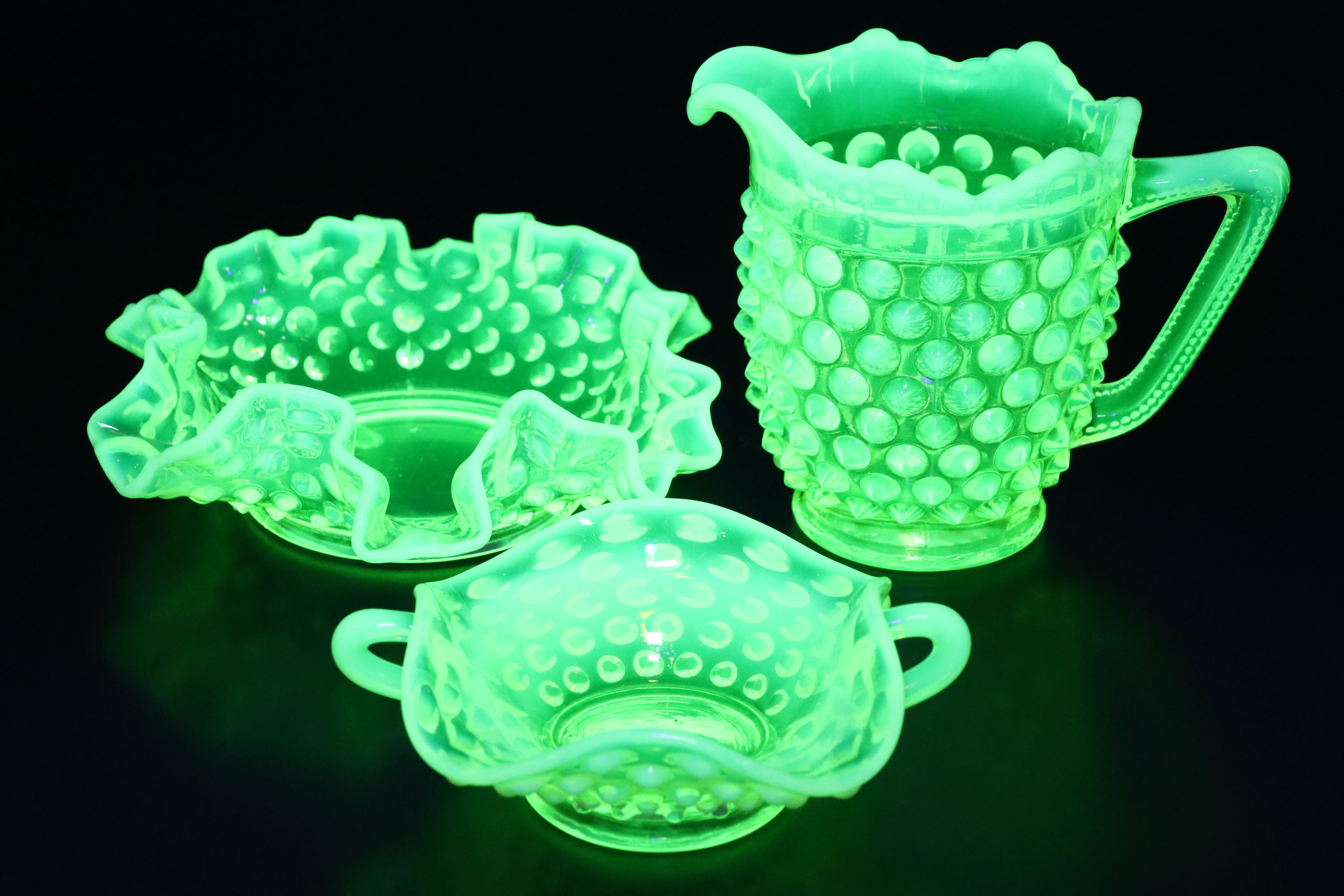 Imperial and Fenton Hobnail Vaseline Opalescent Glass Dishes and More Tableware