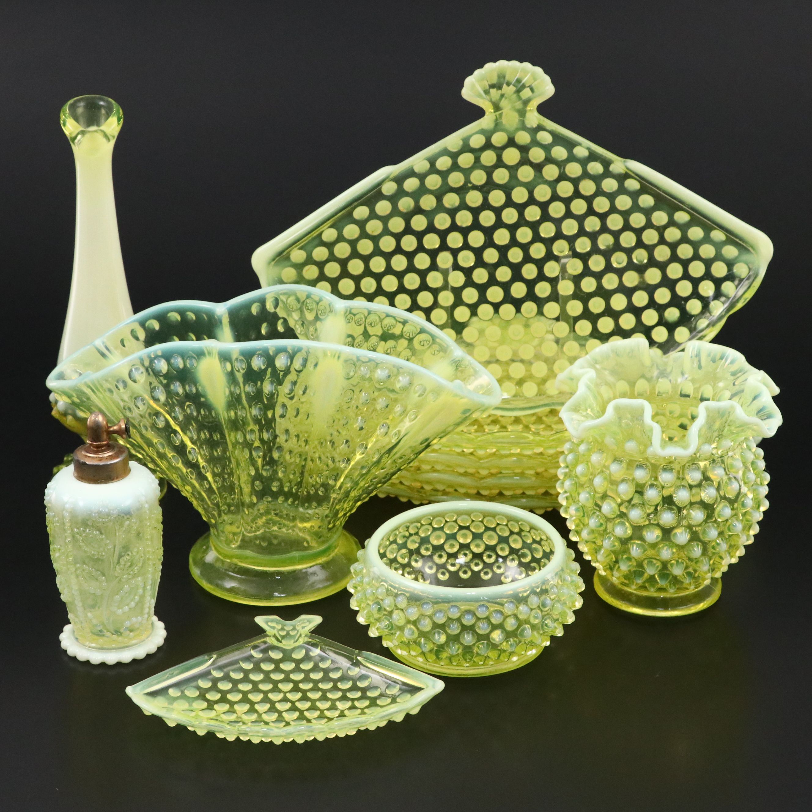 Fenton Hobnail Vaseline Opalescent Glass Fan Dishes, Vases and More Table Décor