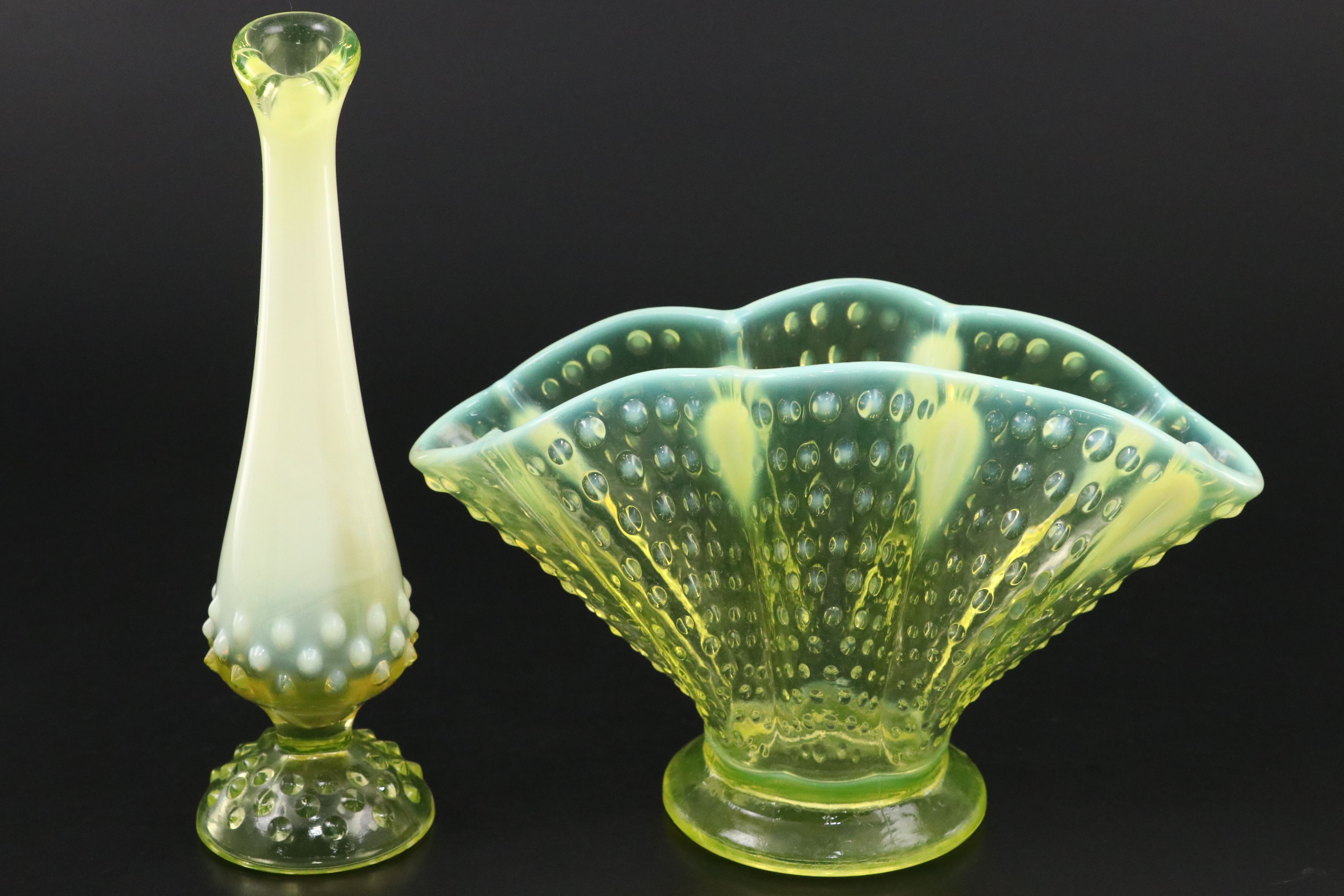 Fenton Hobnail Vaseline Opalescent Glass Fan Dishes, Vases and More Table Décor