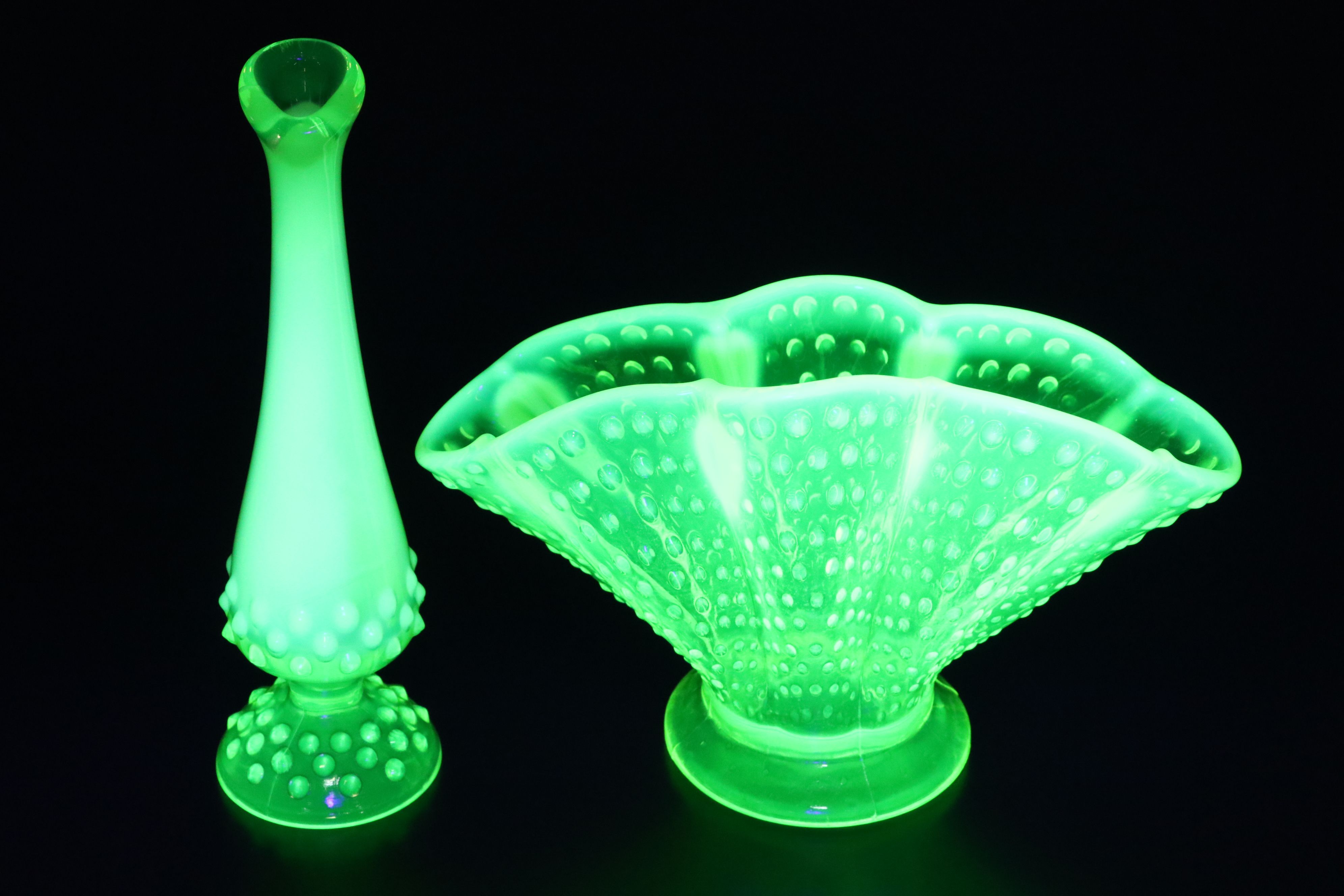 Fenton Hobnail Vaseline Opalescent Glass Fan Dishes, Vases and More Table Décor