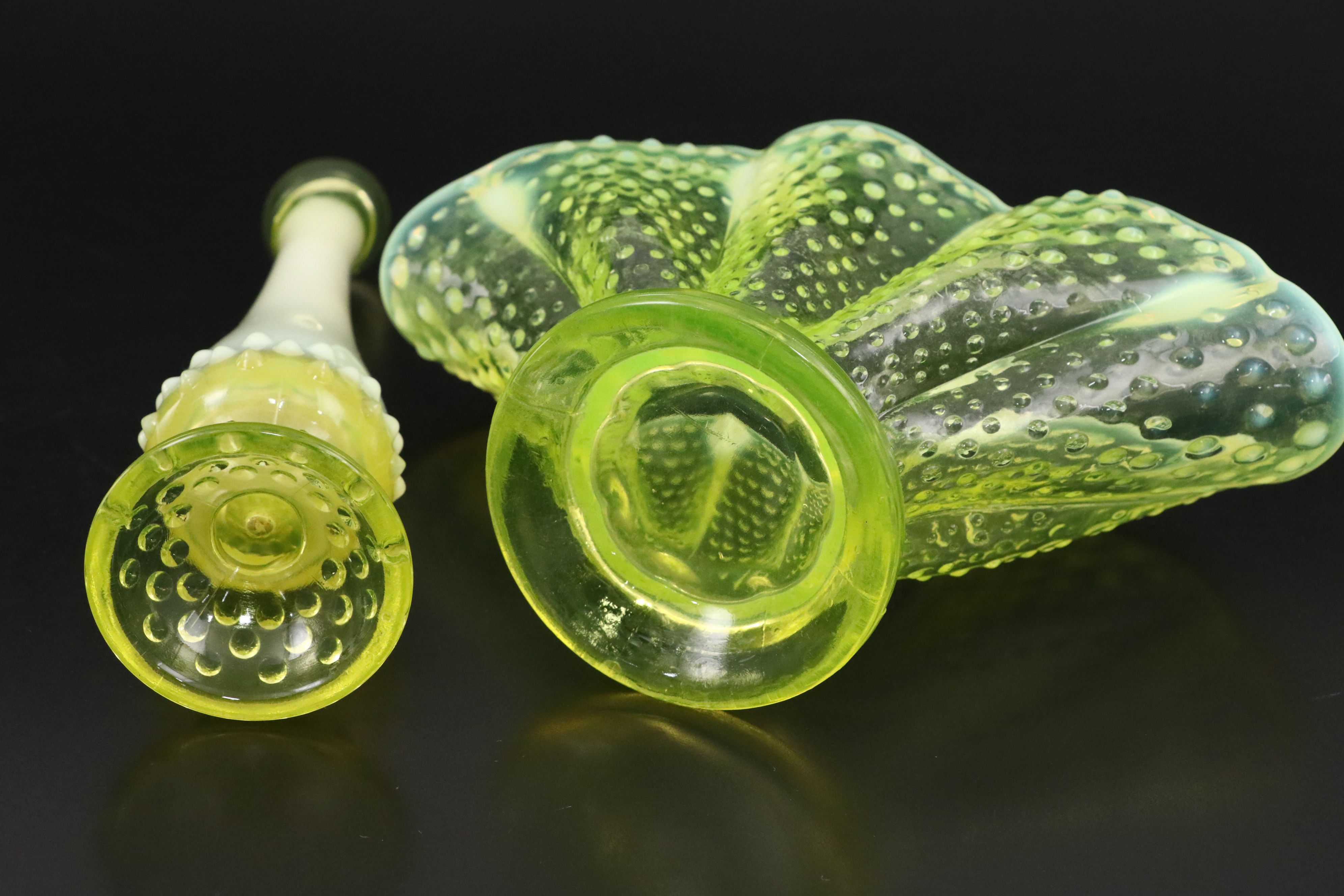 Fenton Hobnail Vaseline Opalescent Glass Fan Dishes, Vases and More Table Décor