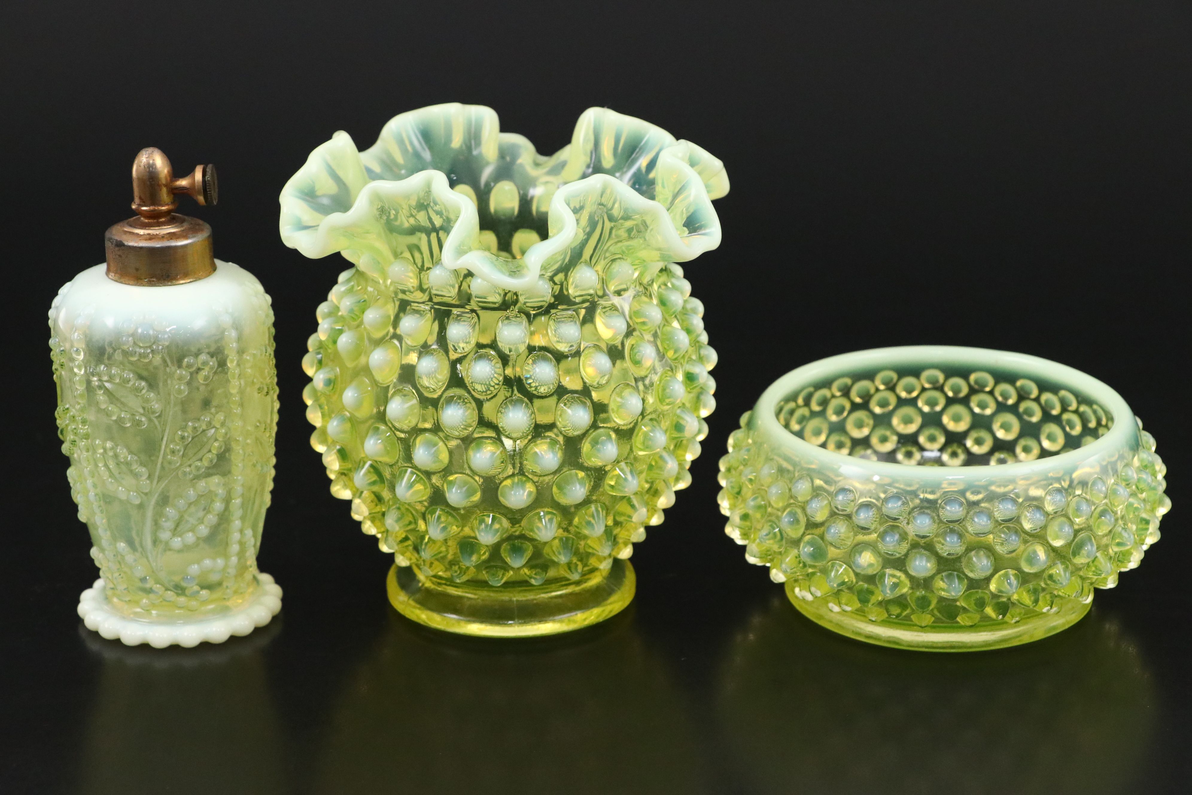 Fenton Hobnail Vaseline Opalescent Glass Fan Dishes, Vases and More Table Décor