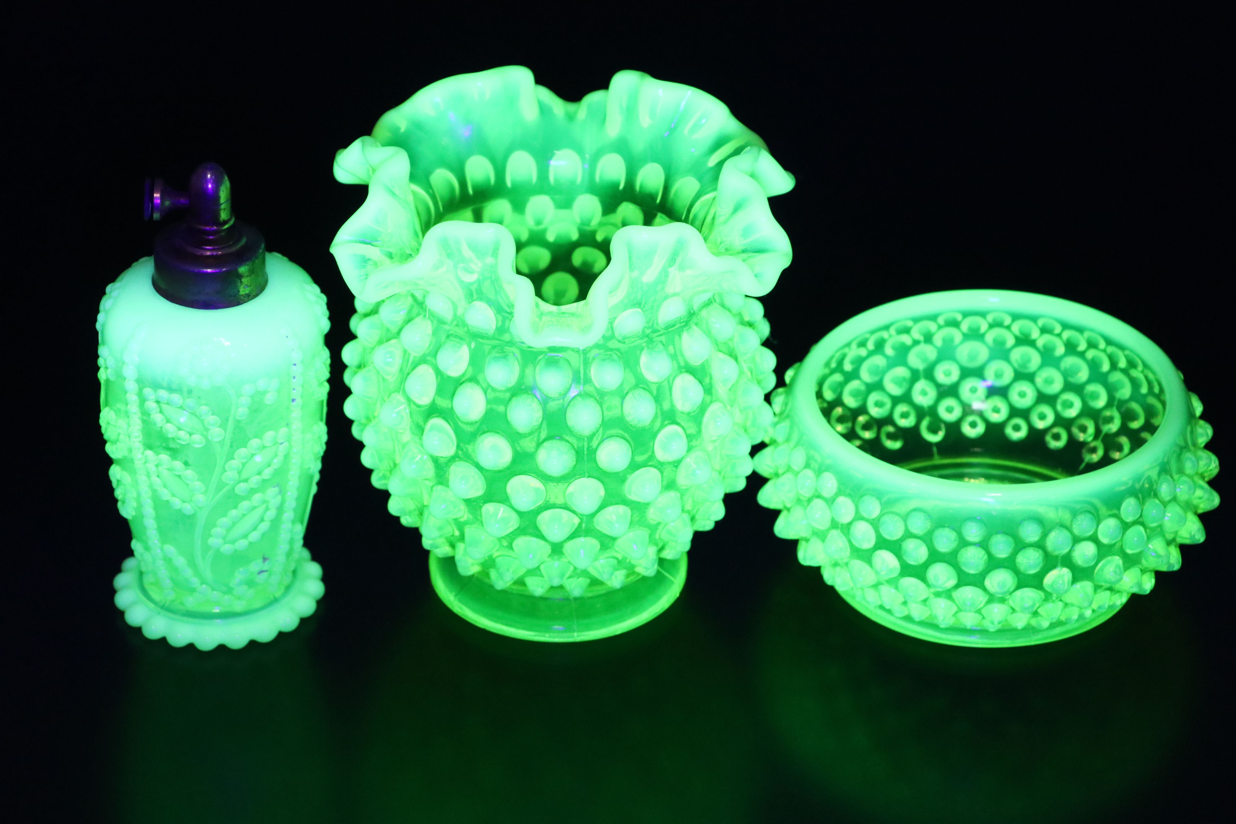 Fenton Hobnail Vaseline Opalescent Glass Fan Dishes, Vases and More Table Décor