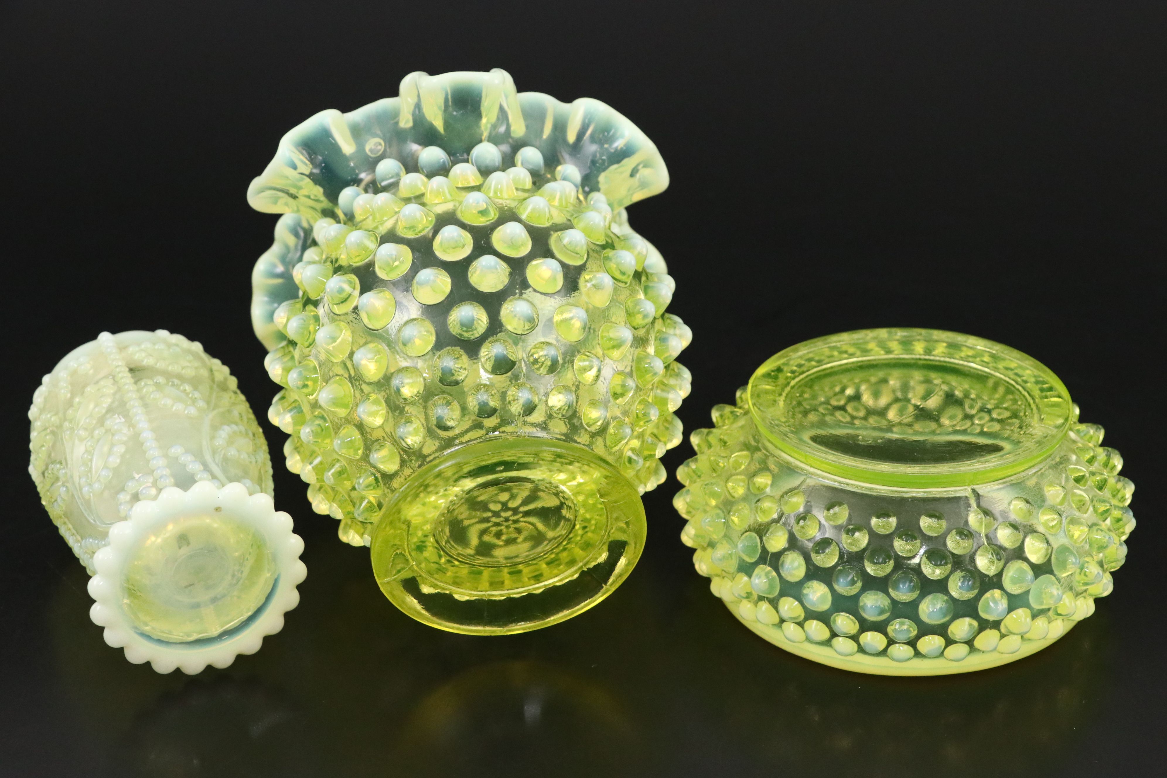 Fenton Hobnail Vaseline Opalescent Glass Fan Dishes, Vases and More Table Décor