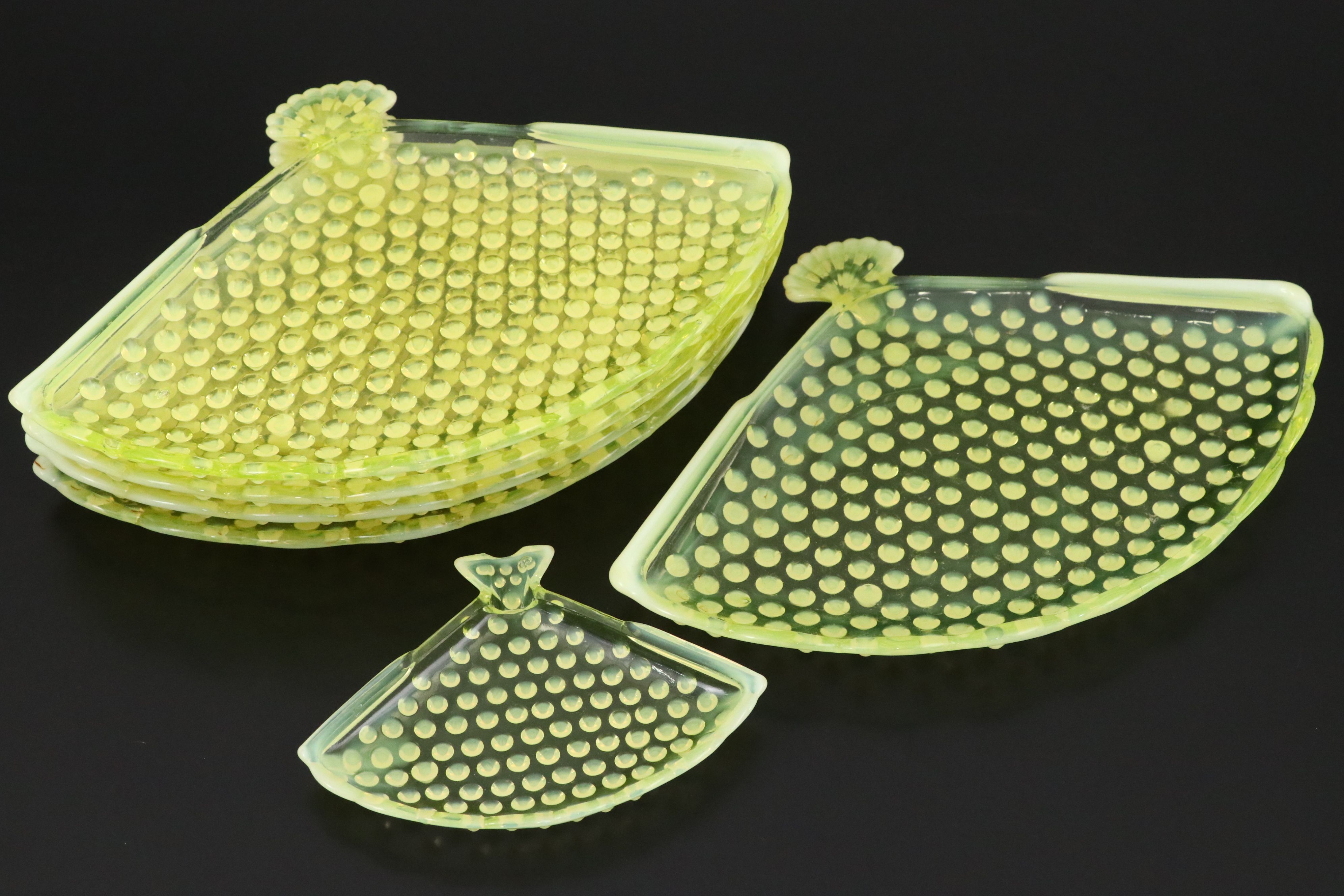 Fenton Hobnail Vaseline Opalescent Glass Fan Dishes, Vases and More Table Décor