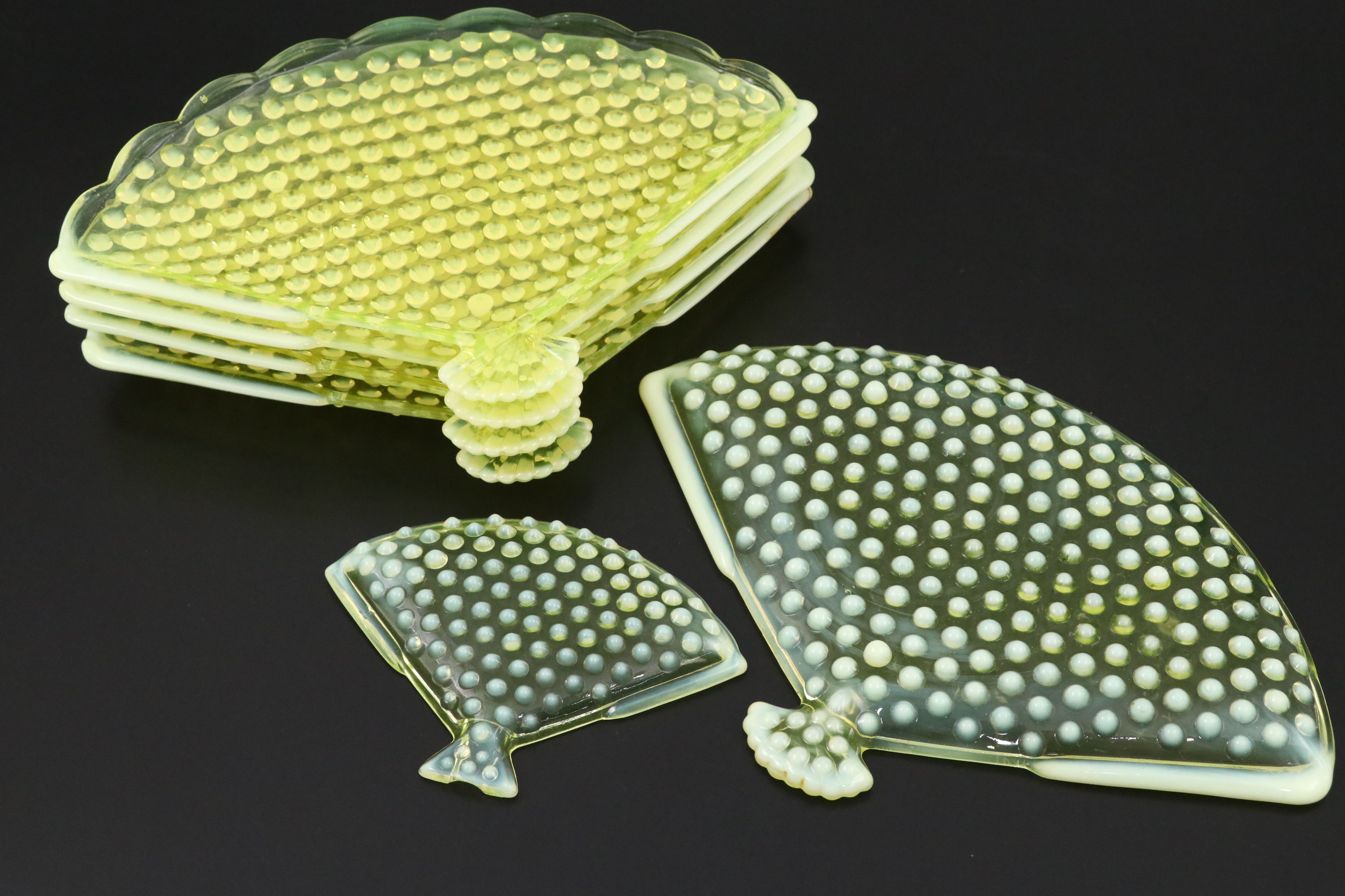 Fenton Hobnail Vaseline Opalescent Glass Fan Dishes, Vases and More Table Décor