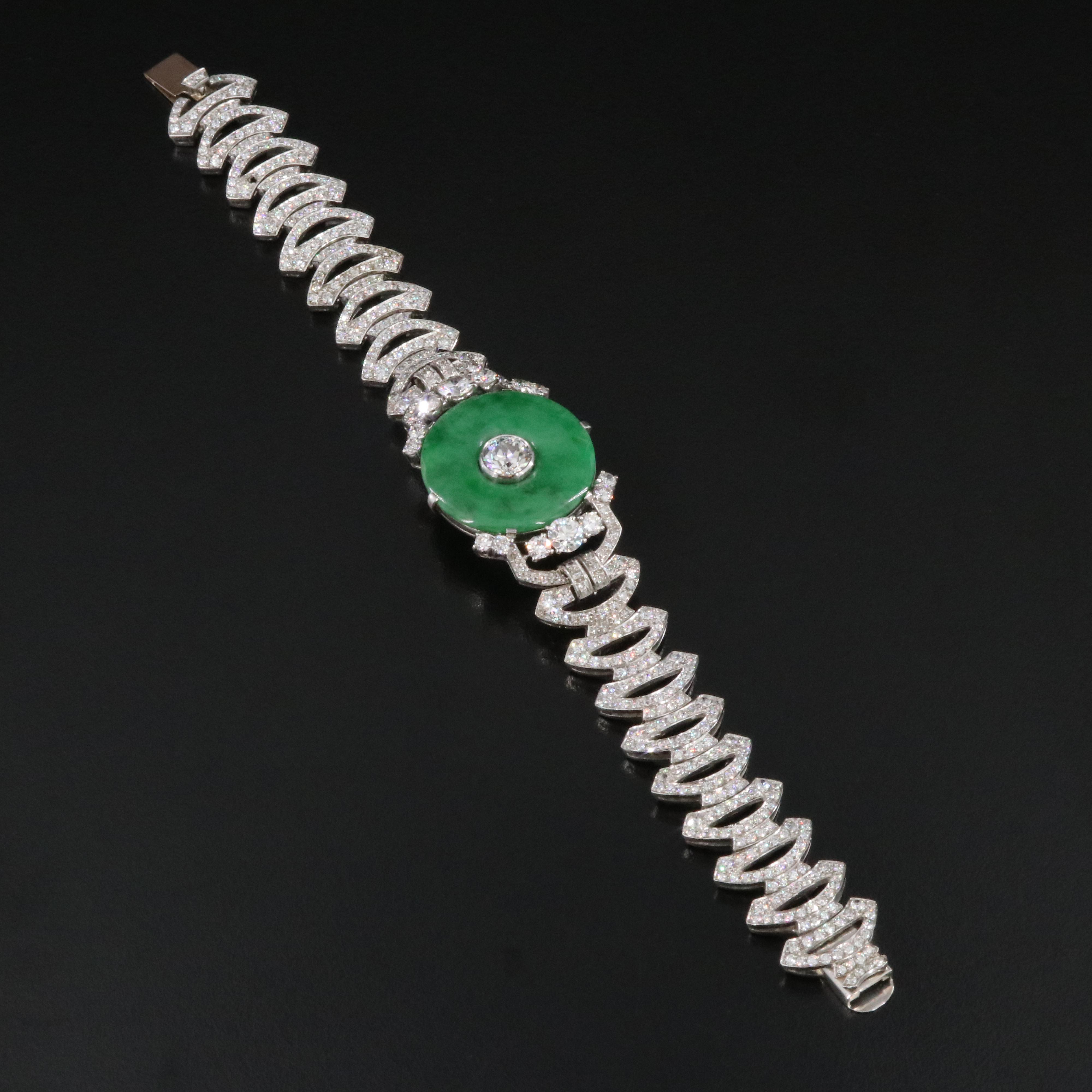Tiffany & Co. Art Deco Platinum Jadeite and 11.08 CTW Diamond Bracelet