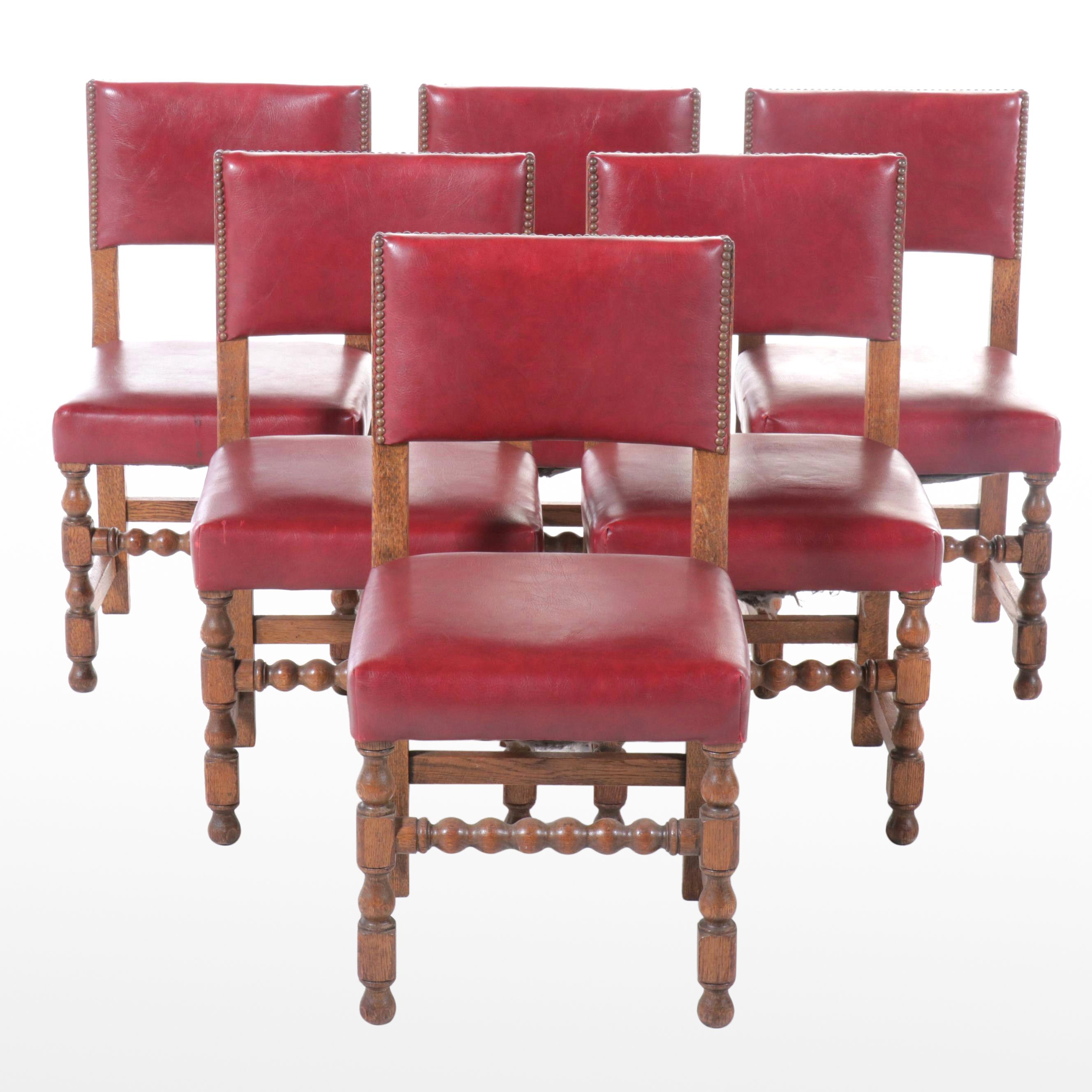 Set of Six Gothic Revival Style Oak and Red Vinyl Dining Chairs
