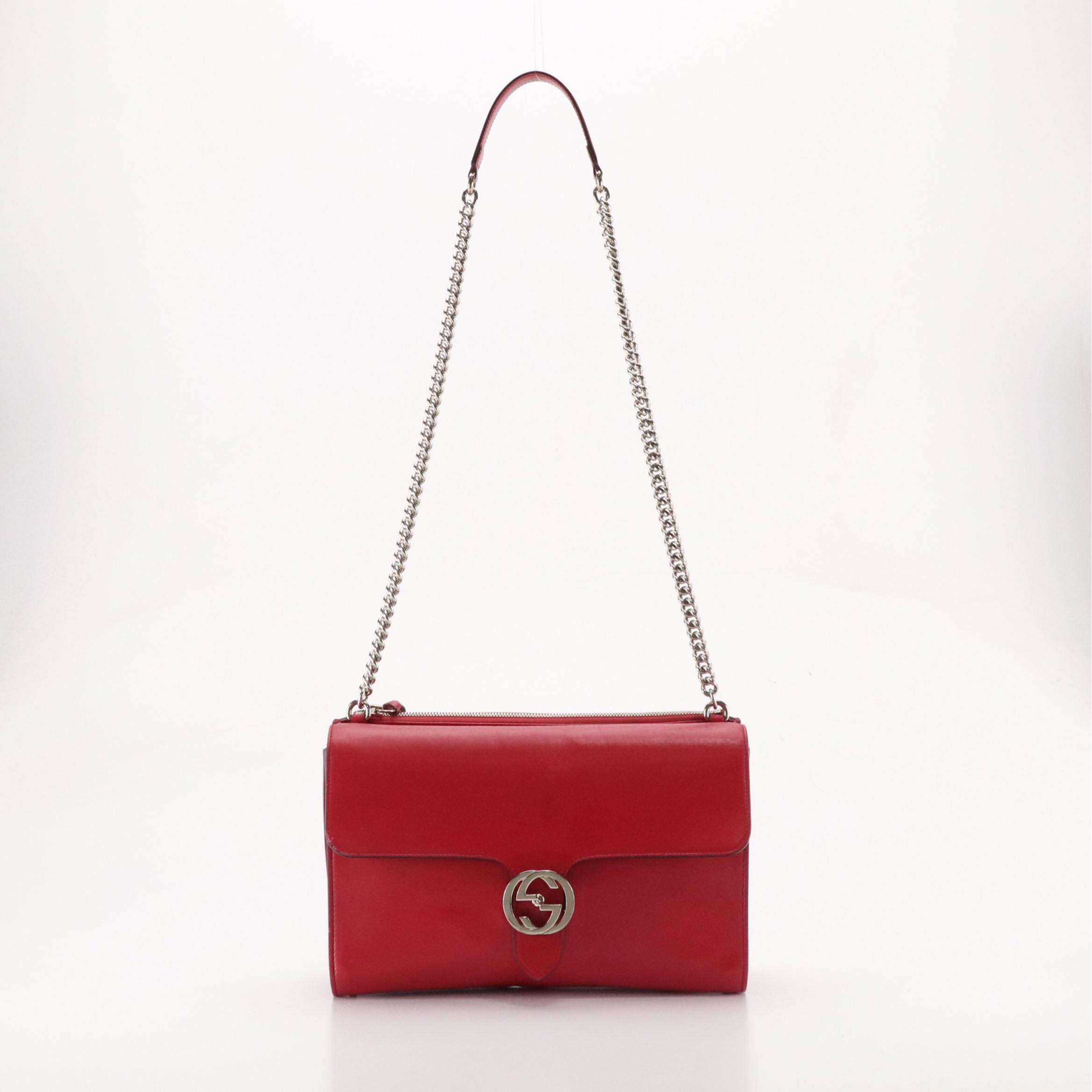 Gucci Interlocking G Back Zipper Shoulder Bag in Calfskin Leather