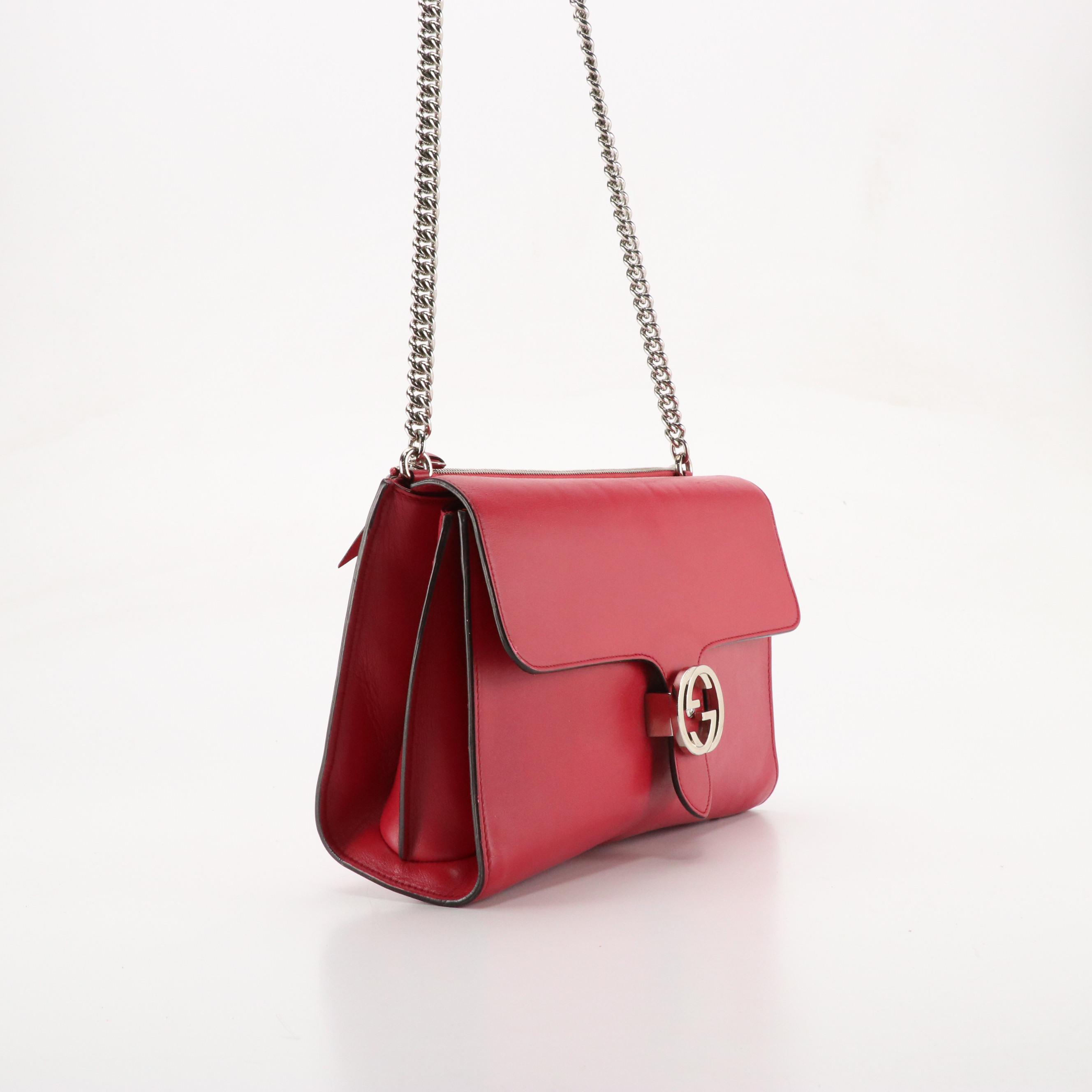 Gucci Interlocking G Back Zipper Shoulder Bag in Calfskin Leather