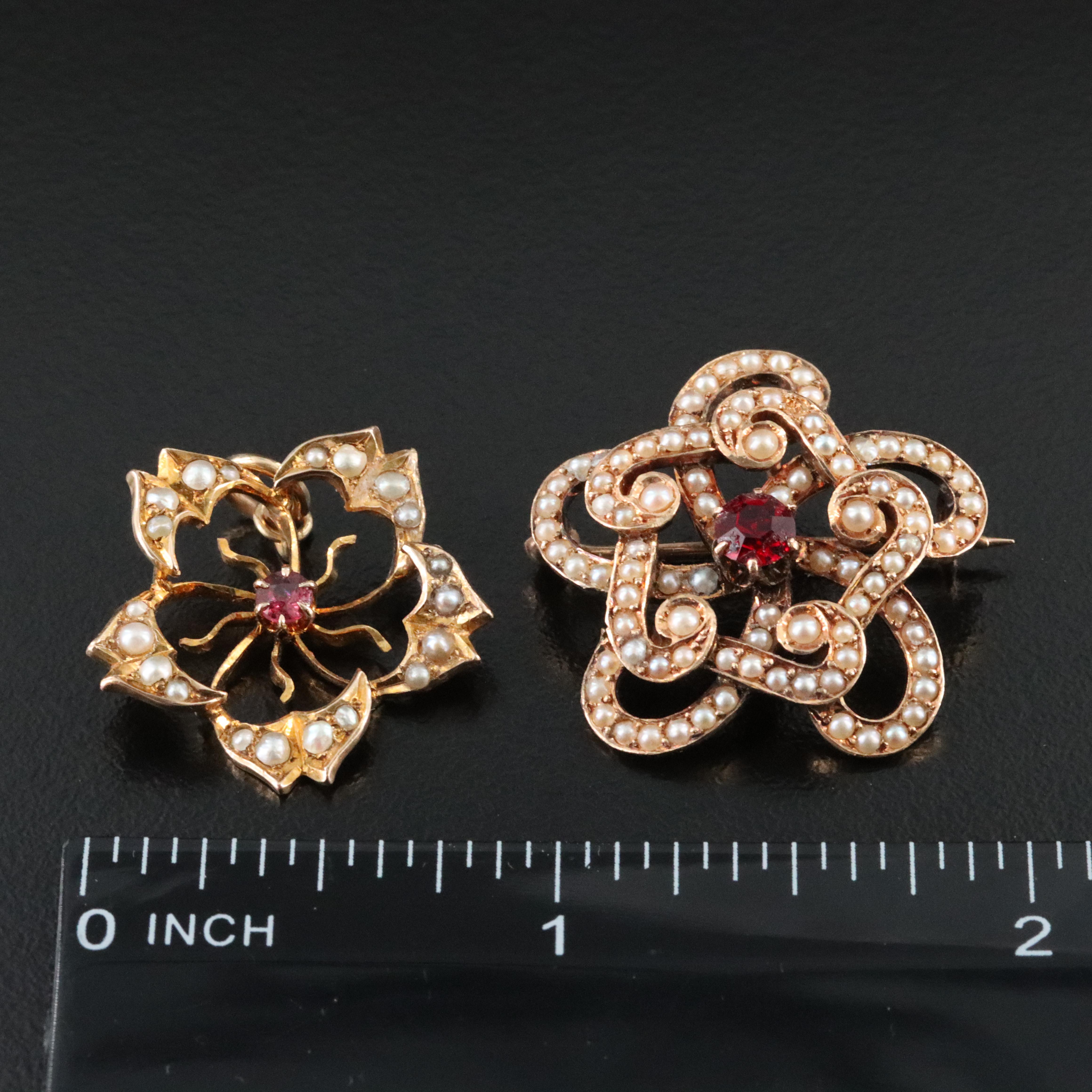 Antique 10K and 14K Brooch and Pendant Featuring Tourmaline and Seed Pearls