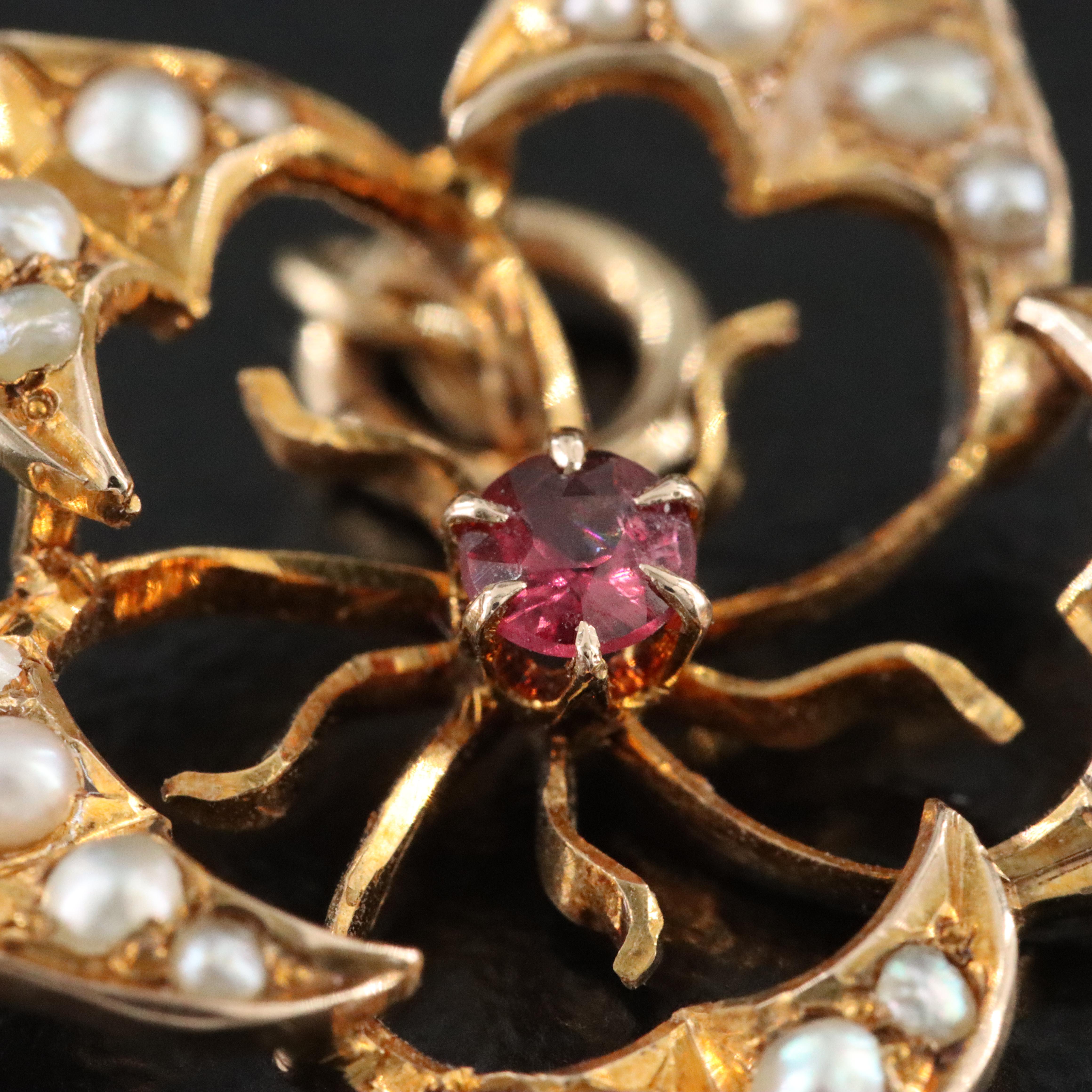 Antique 10K and 14K Brooch and Pendant Featuring Tourmaline and Seed Pearls