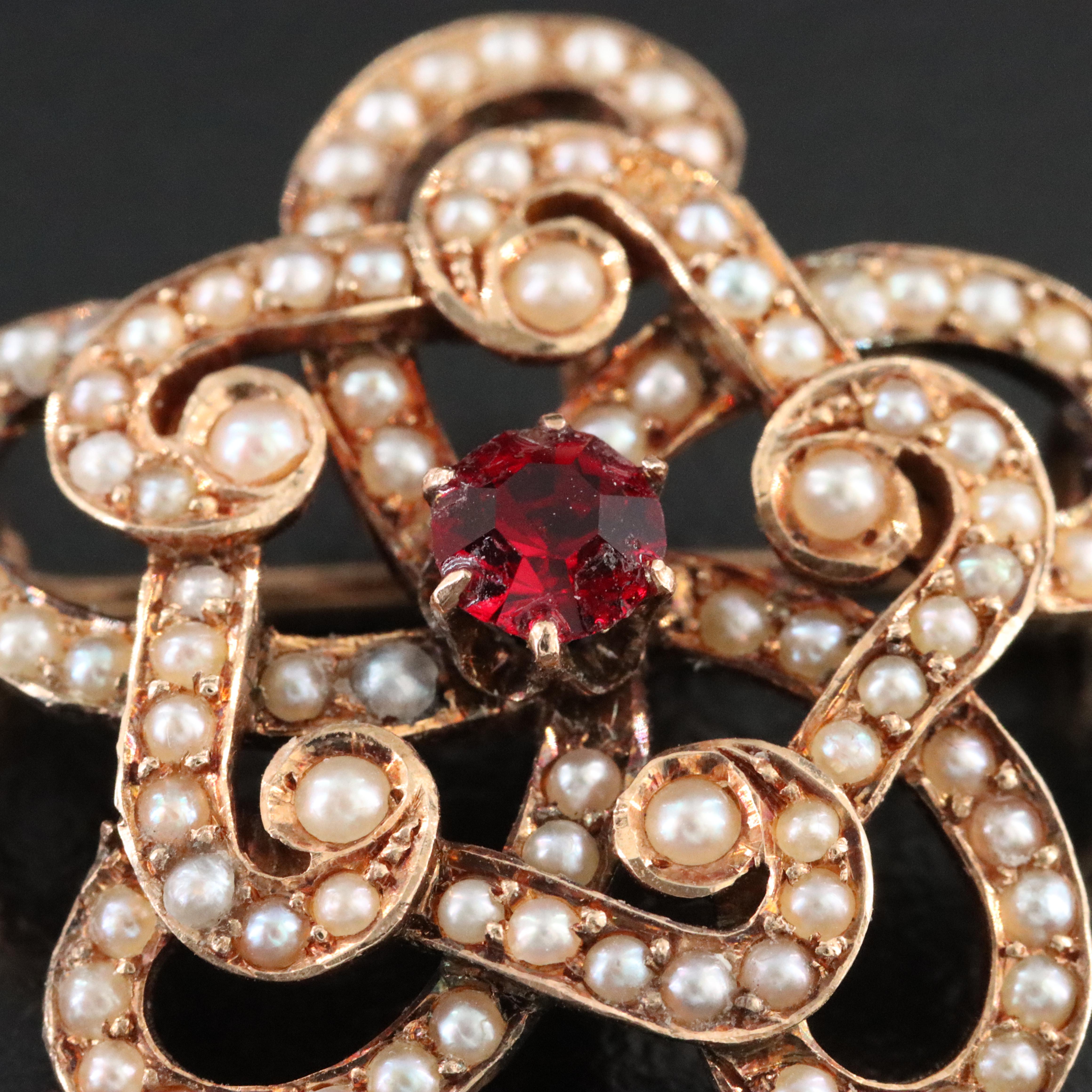 Antique 10K and 14K Brooch and Pendant Featuring Tourmaline and Seed Pearls