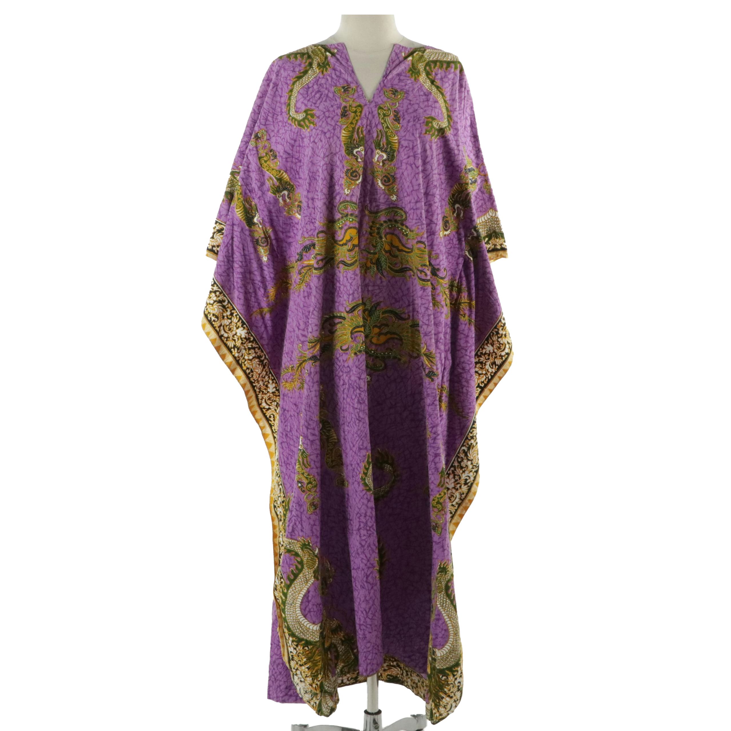 Casaurina Caftan Dress in Batik Dragon Print Thai Cotton, circa 1970