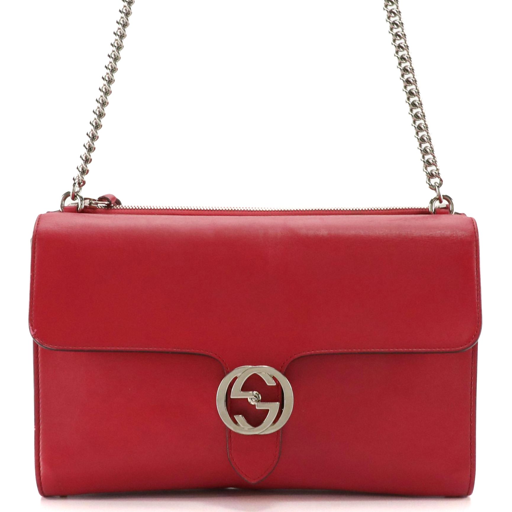 Gucci Interlocking G Back Zipper Shoulder Bag in Calfskin Leather