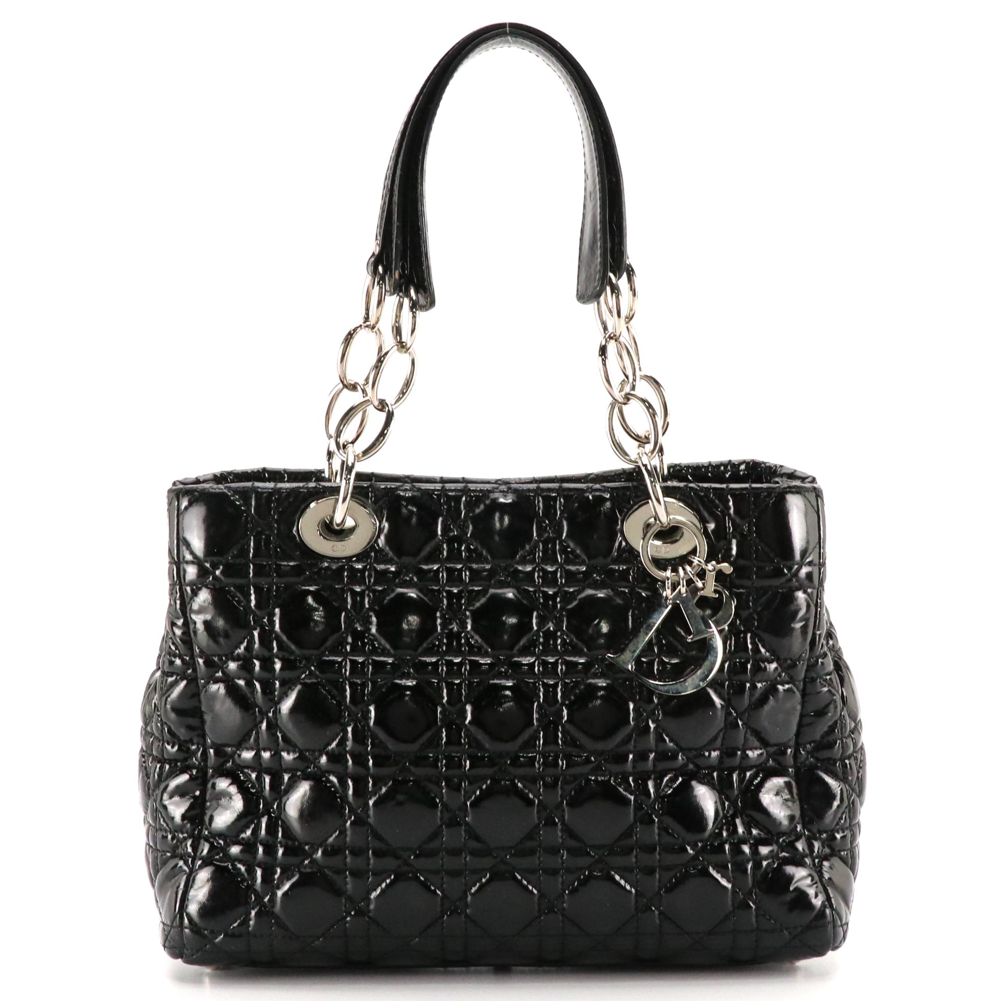 Christian Dior Black Cannage Patent Leather Lady Dior Shopping Tote