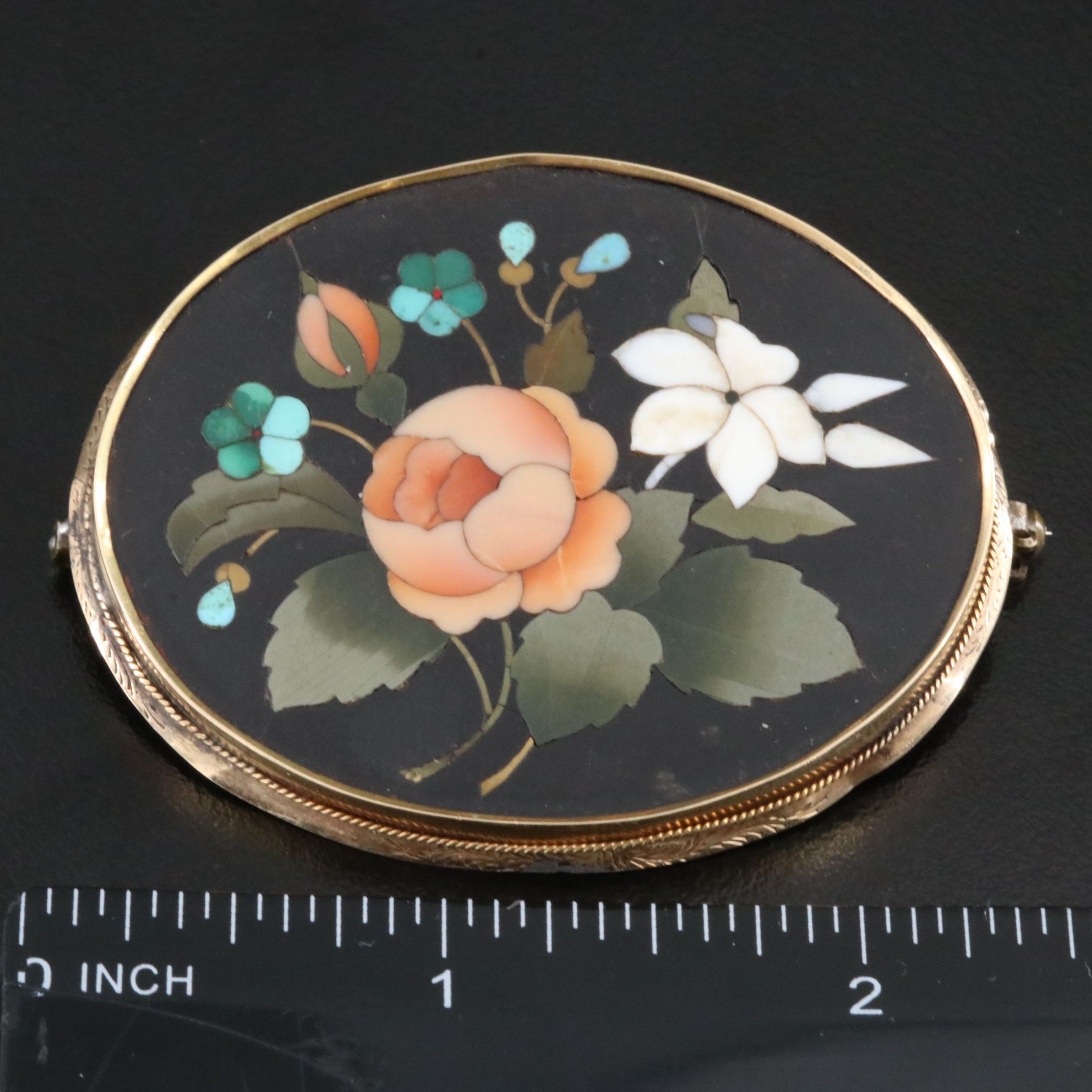 Victorian 14K Pietra Dura Hard Stone Mosaic Floral Brooch