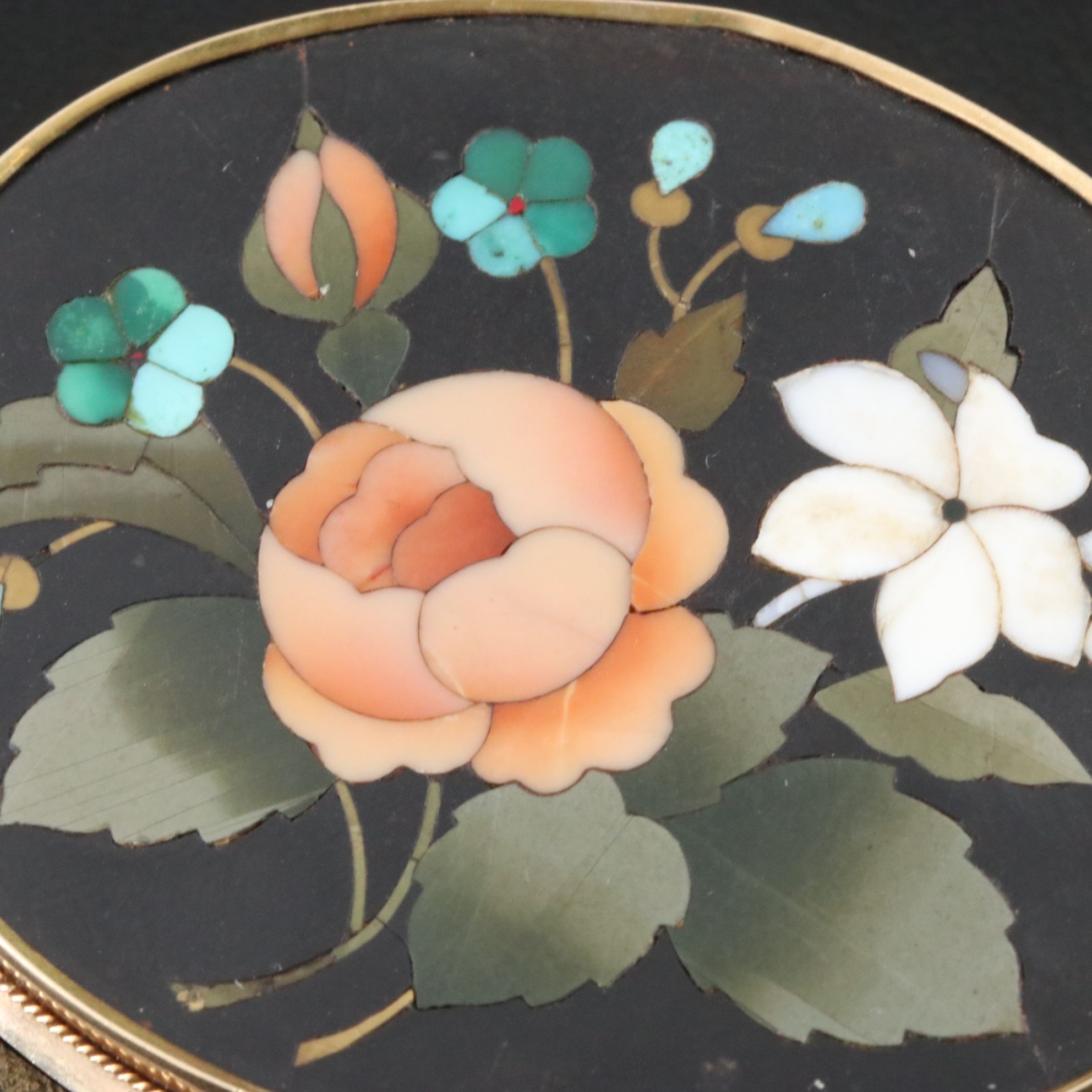 Victorian 14K Pietra Dura Hard Stone Mosaic Floral Brooch