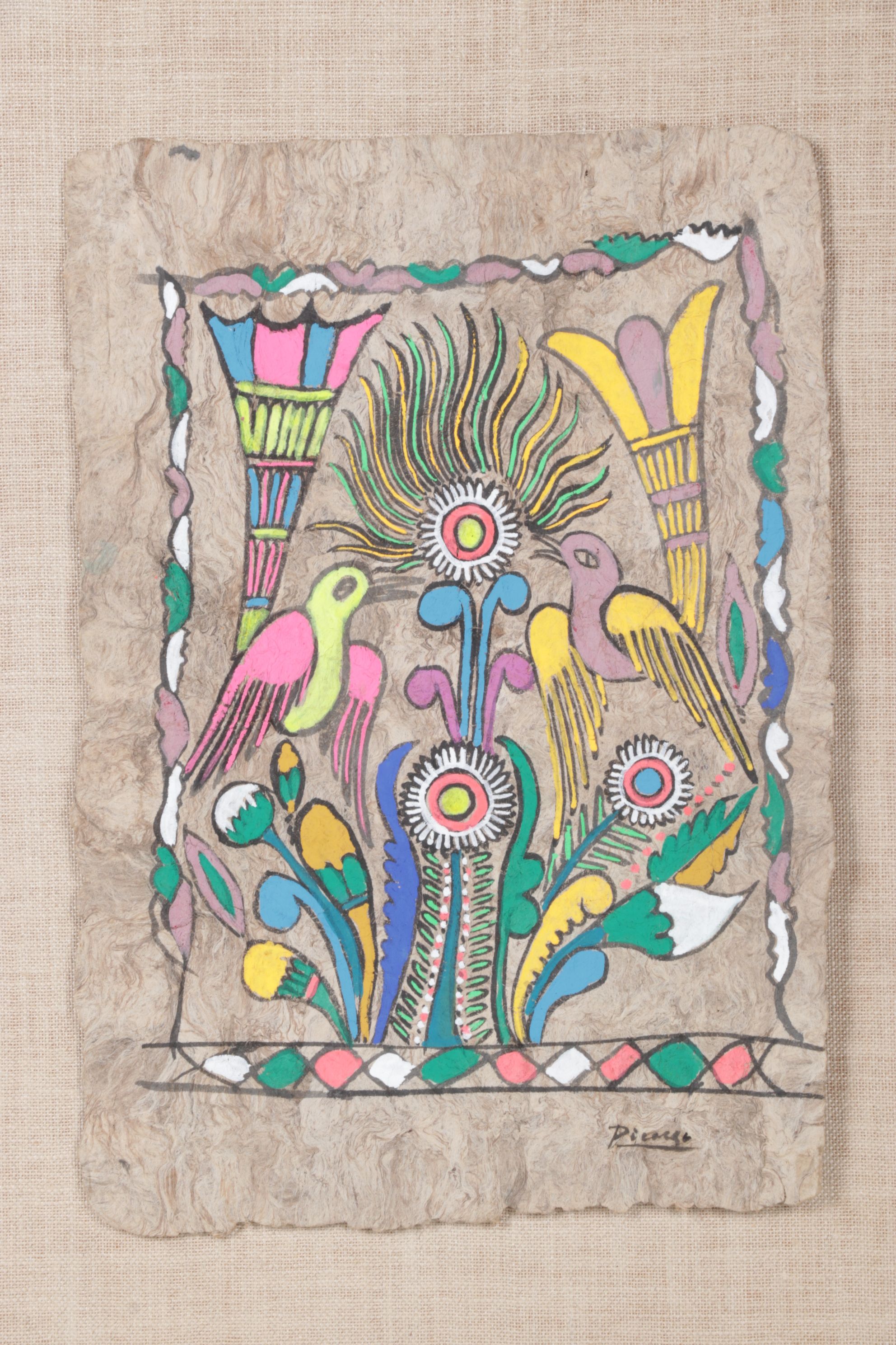 Mexican Folk Art Amate Bark Painting of Birds with Vegetal Motifs
