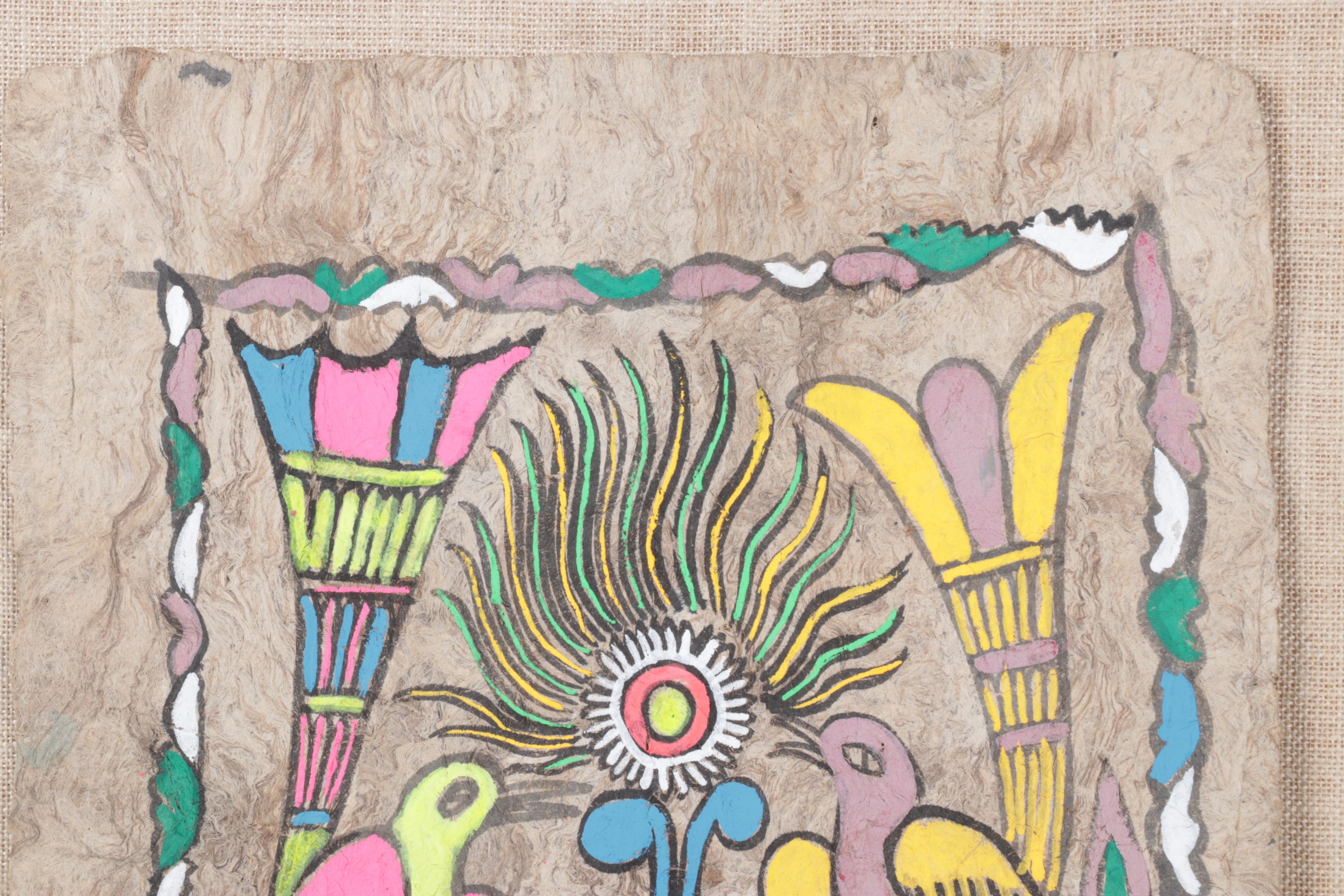 Mexican Folk Art Amate Bark Painting of Birds with Vegetal Motifs