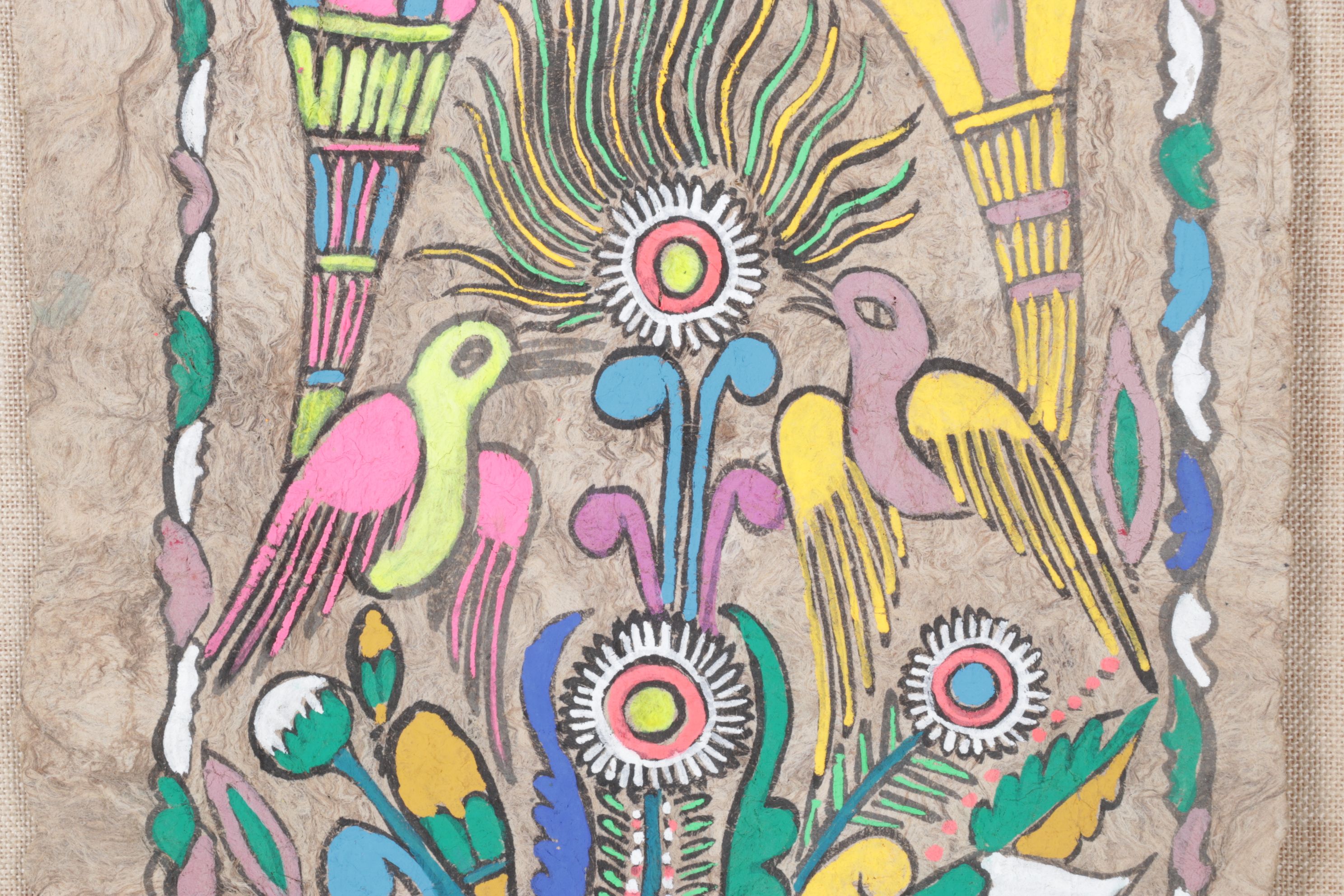 Mexican Folk Art Amate Bark Painting of Birds with Vegetal Motifs