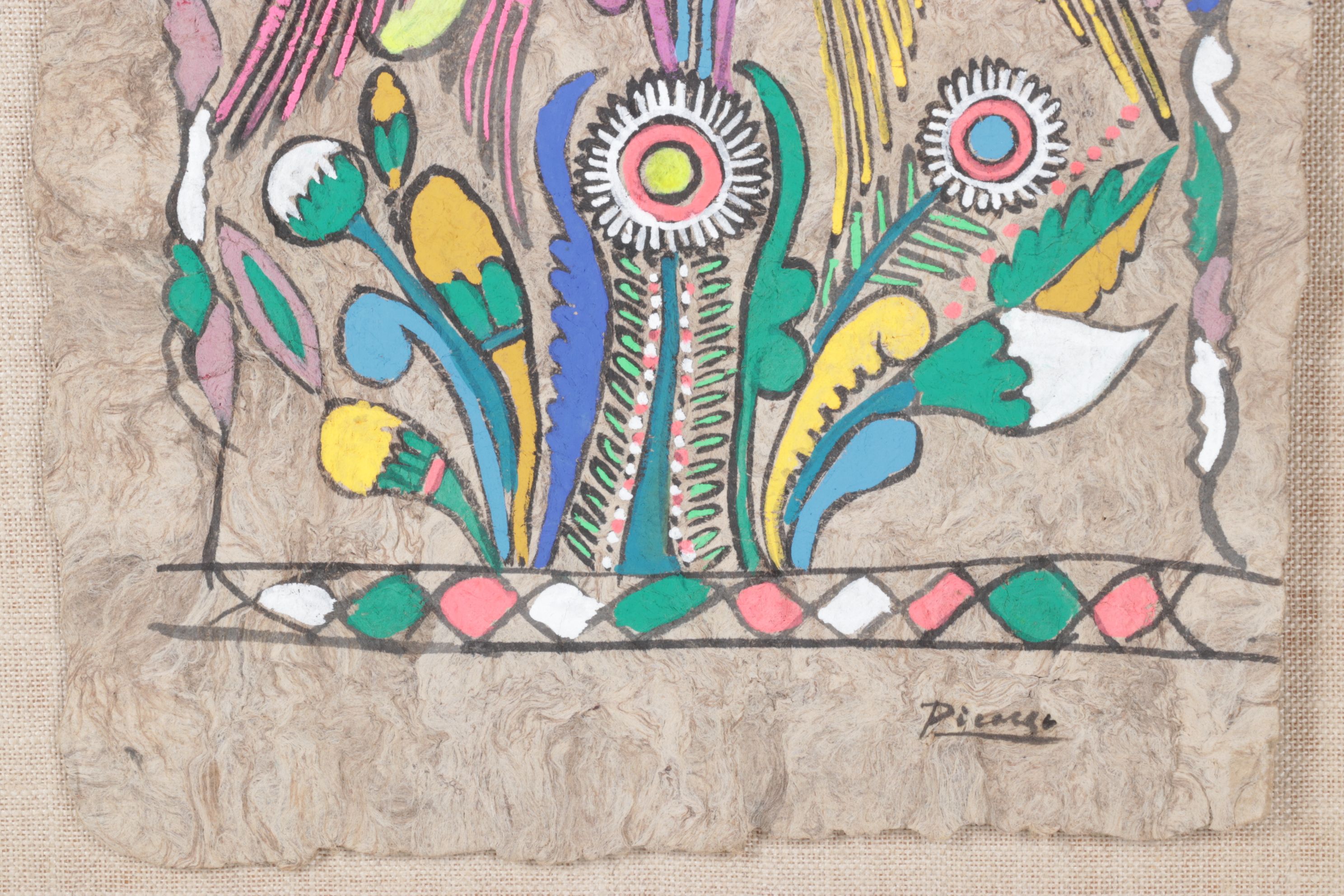 Mexican Folk Art Amate Bark Painting of Birds with Vegetal Motifs