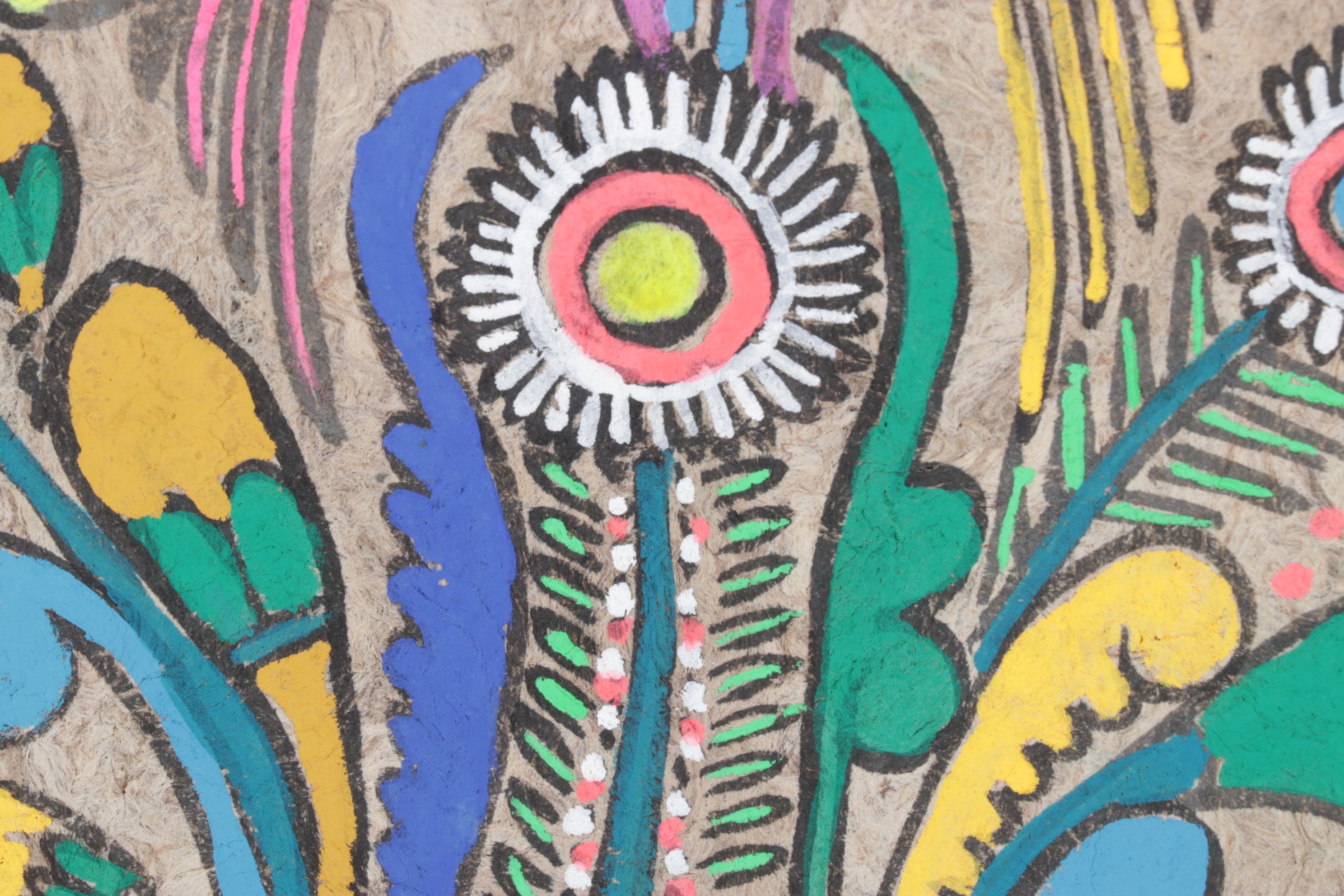 Mexican Folk Art Amate Bark Painting of Birds with Vegetal Motifs