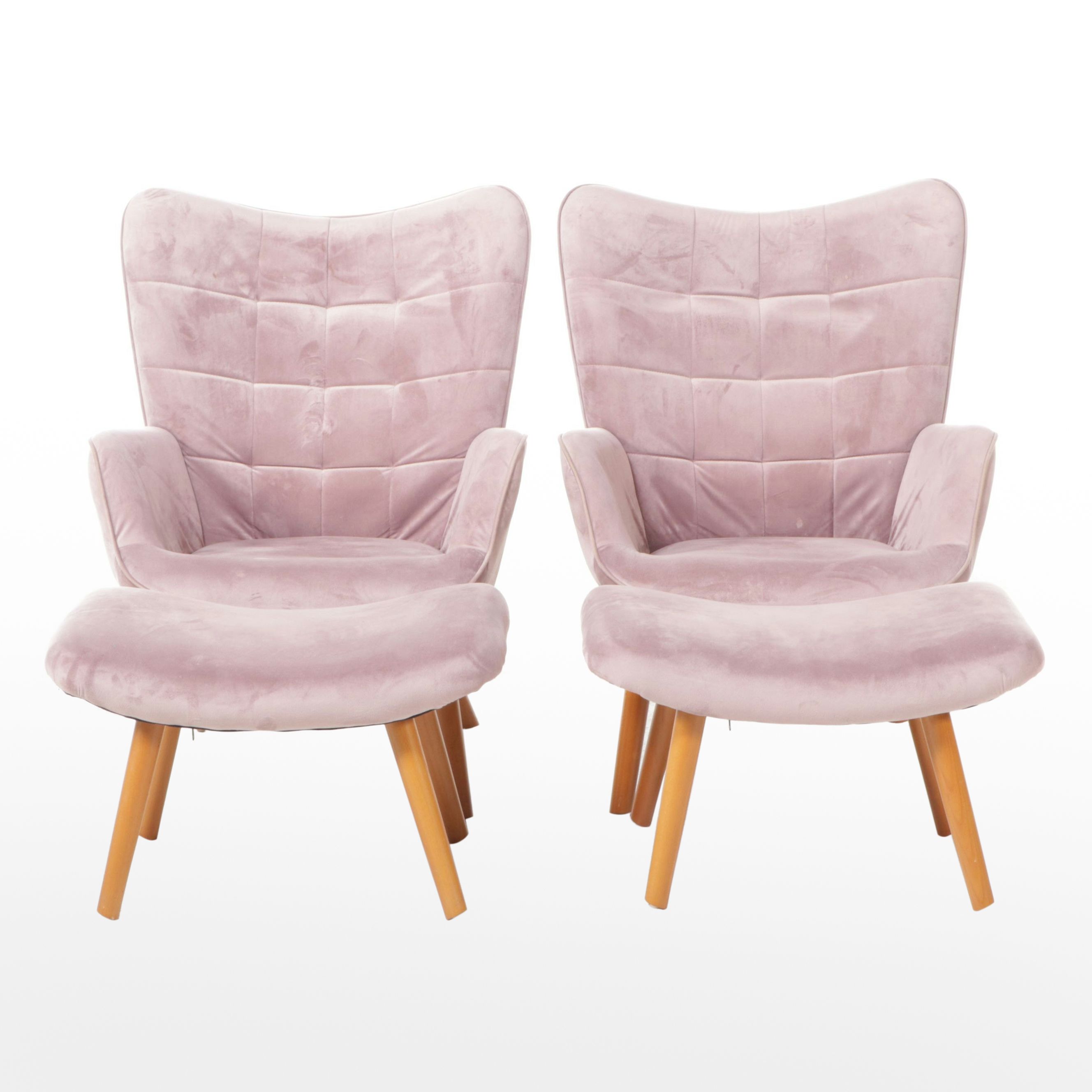 Pair of Mid Century Modern Style Upholstered Armchairs and Ottoman