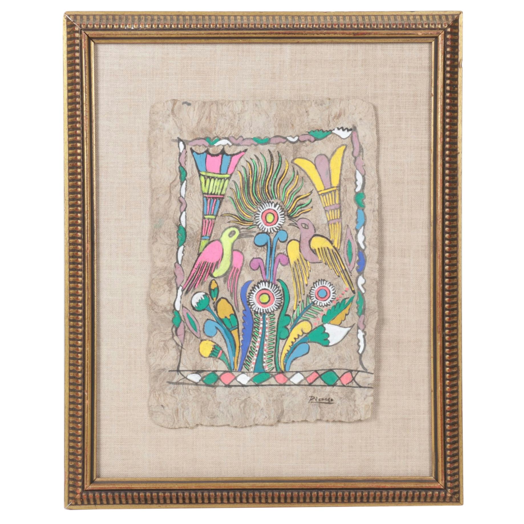 Mexican Folk Art Amate Bark Painting of Birds with Vegetal Motifs