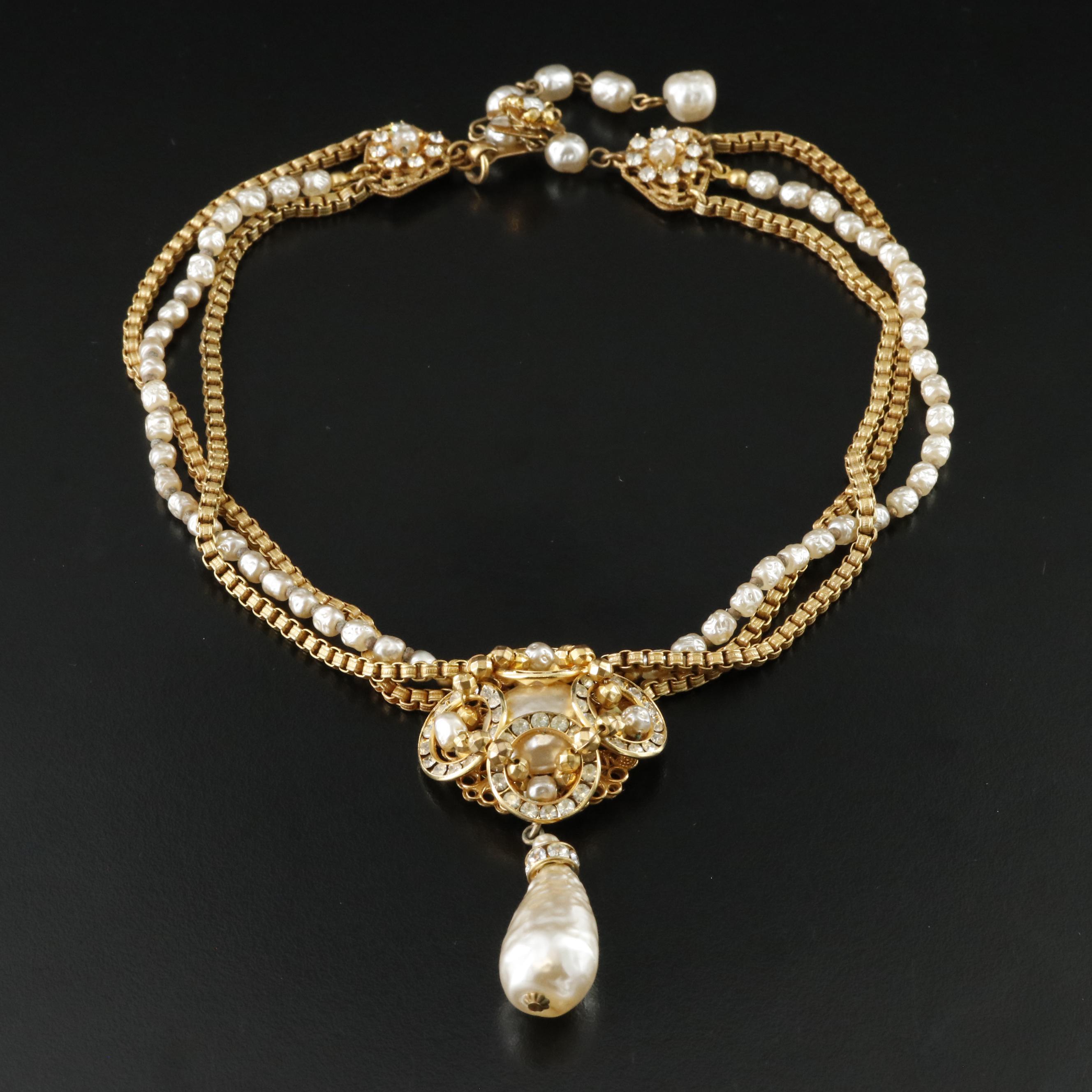 Frank Hess for Miriam Haskell Imitation Pearl and Rhinestone Necklace, 1950s