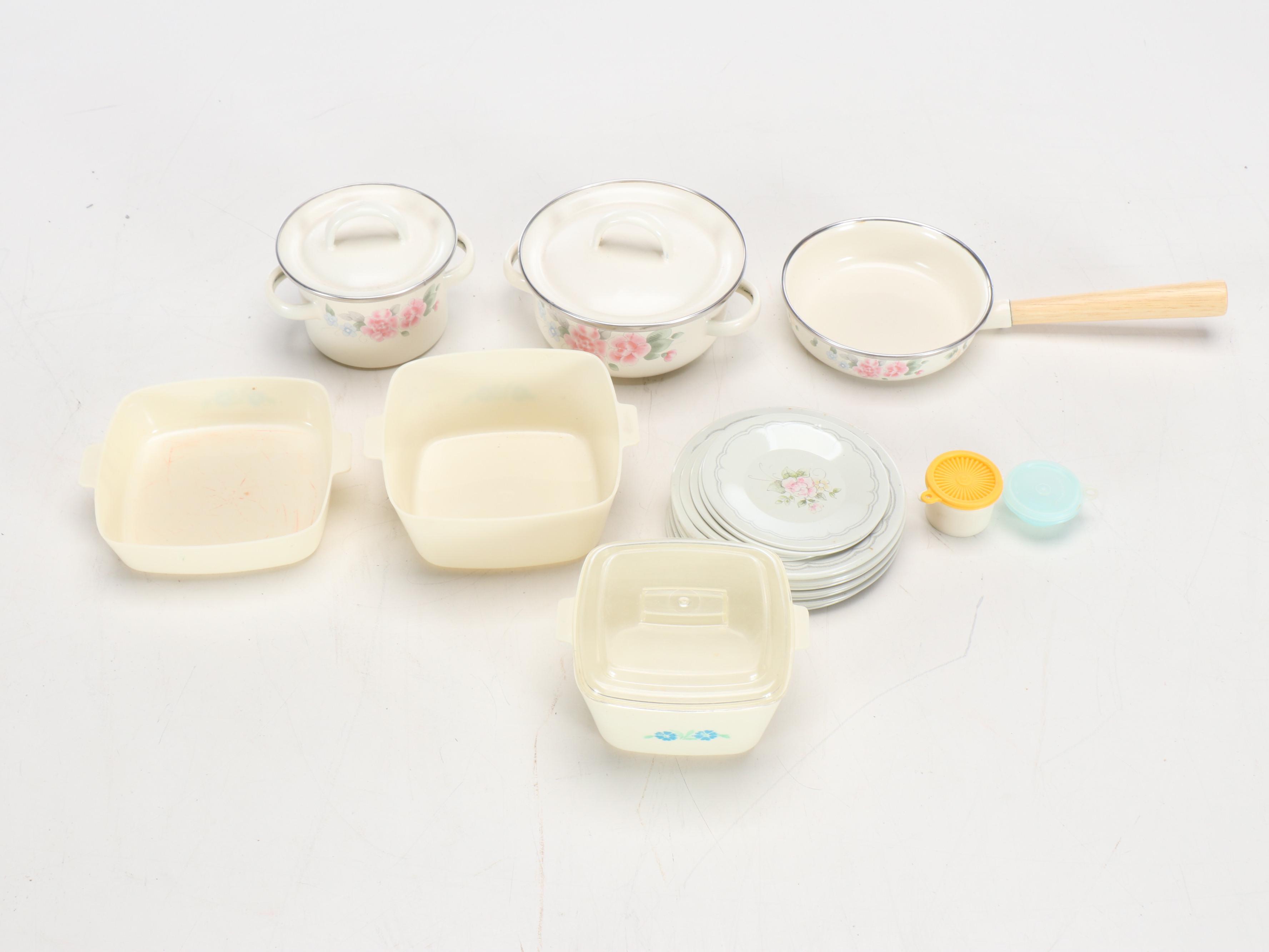 Vintage Pink Tin Appliance Toys with Play Cookware and Plates