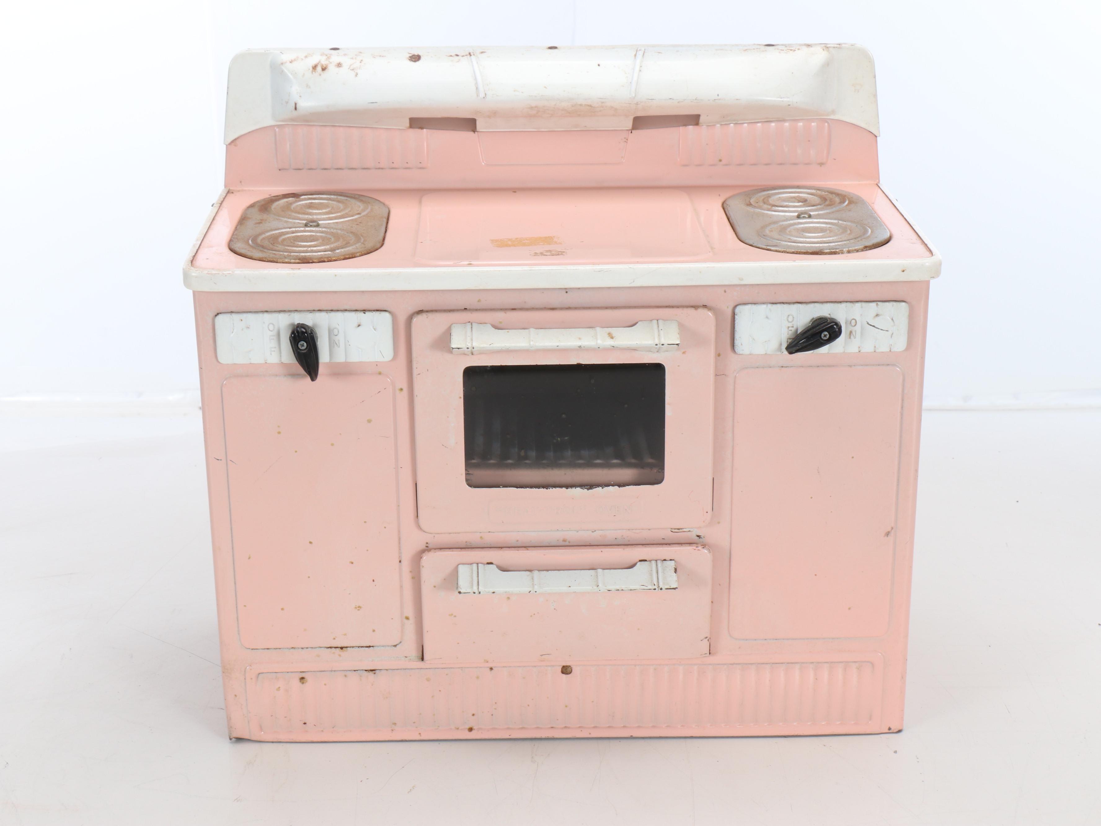 Vintage Pink Tin Appliance Toys with Play Cookware and Plates